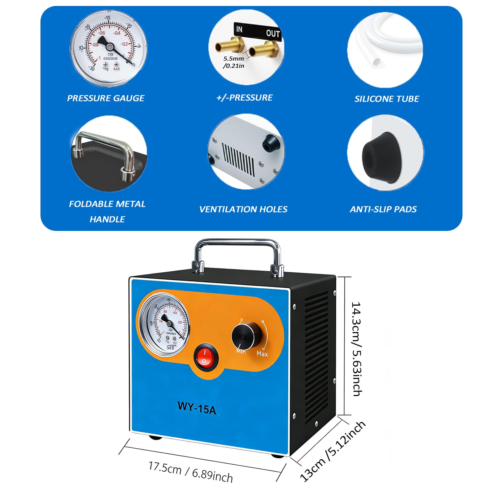 Regulowana pompa próżniowa do filtrowania laboratoryjnego 15 l/min, membrana bezolejowa pompa próżniowa, ciśnienie ujemne/dodatnie, z filtrami piaskowymi, wężami silikonowymi 0,8 M