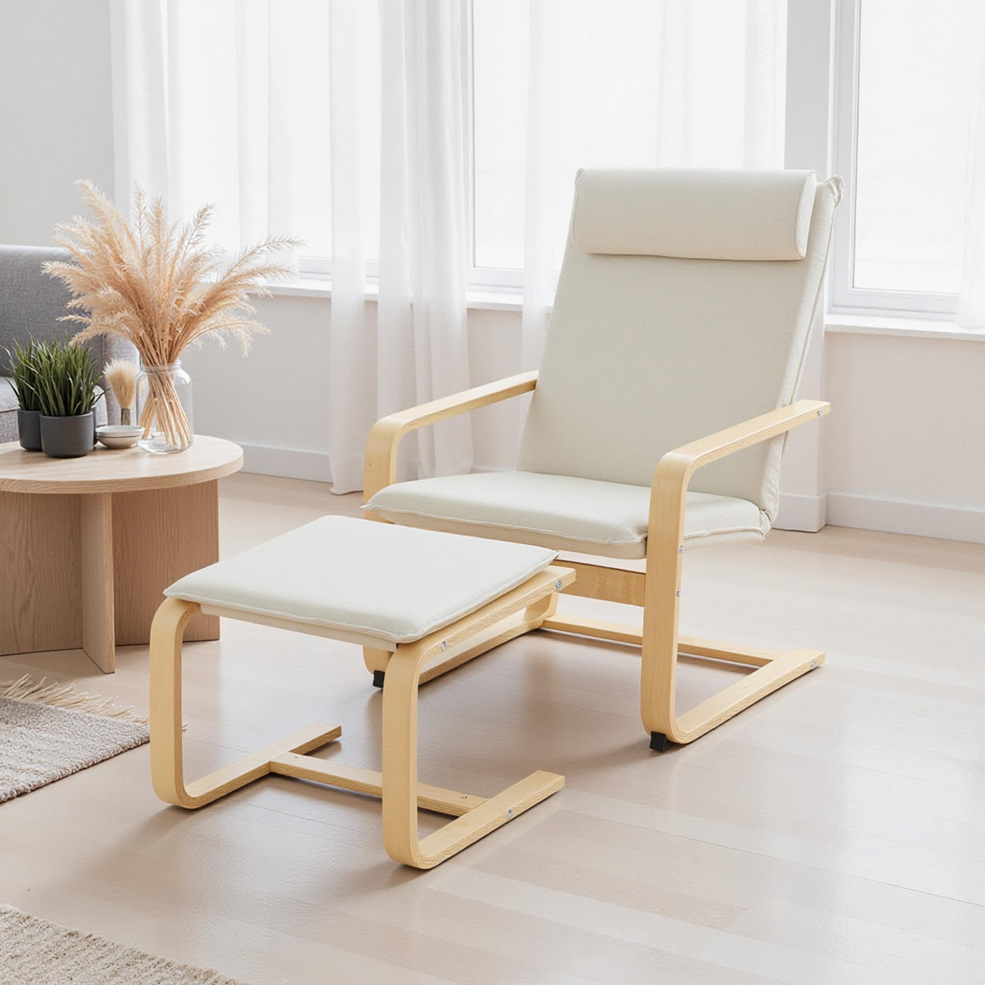 HOMCOM Sillón con Reposapiés Sillón Lectura con Respaldo Alto Reposacabezas Extraíble Patas de Madera y Tapizado en Lino Butaca para Salón Dormitorio Oficina Crema