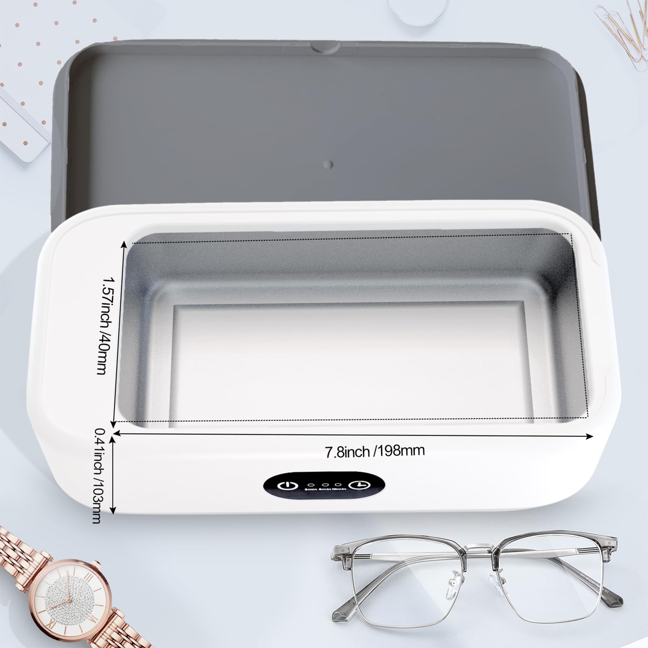 Ultraschall-Schmuck-Reinigungsmaschine, 360 ° Fleckentfernung, 49 kHz 40 W 340 Edelstahl (640 ml), tragbare Schallbrille Reinigungsmaschine, geeignet für Uhren,