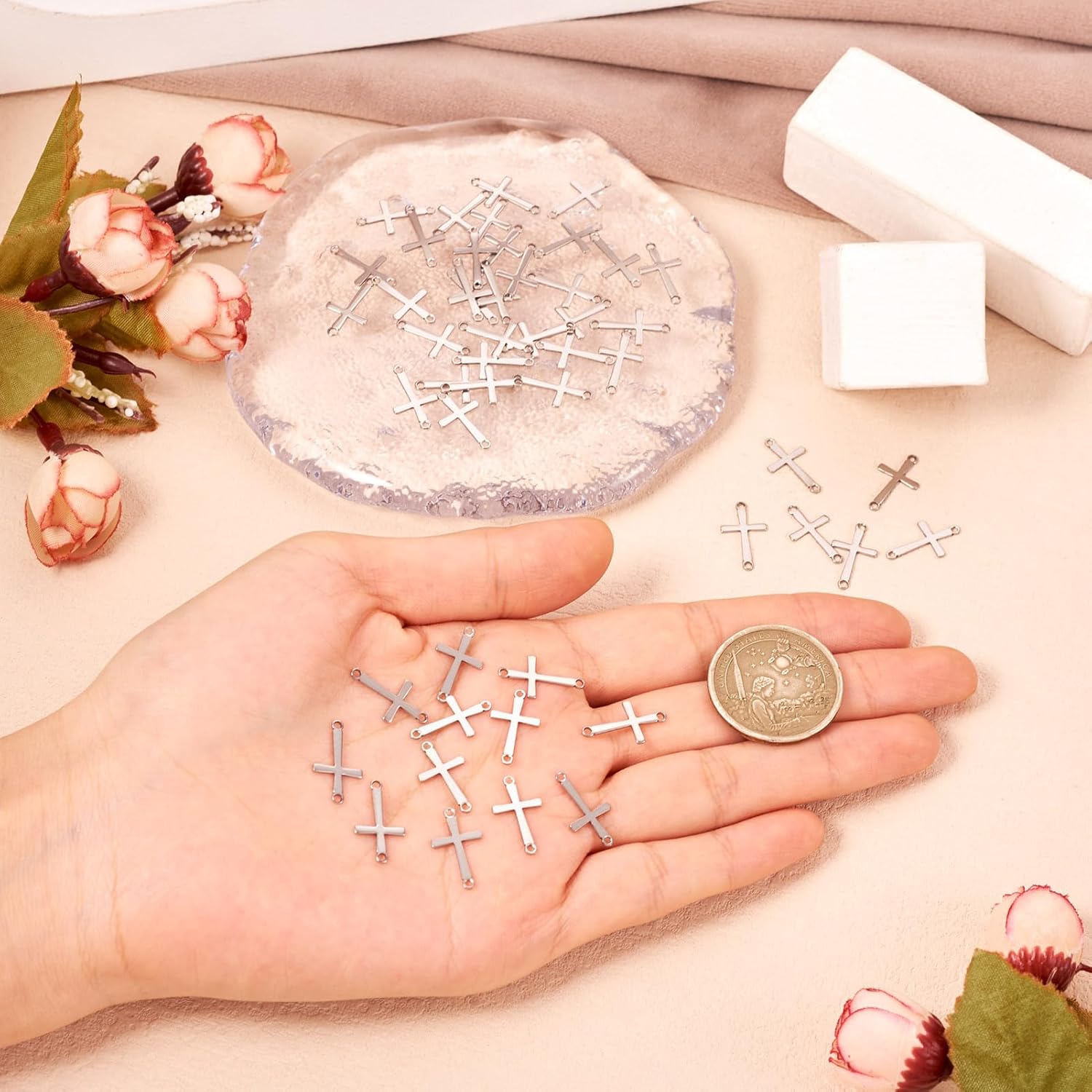 FASHEWELRY 50Pcs Stainless Steel Cross Pendant Links 17x9.5mm Small Cross Easter Charms Metal Halloween Crucifix Charm Connectors for Rosary Prayer Jewelry Making Hole: 1.2mm - Image 2