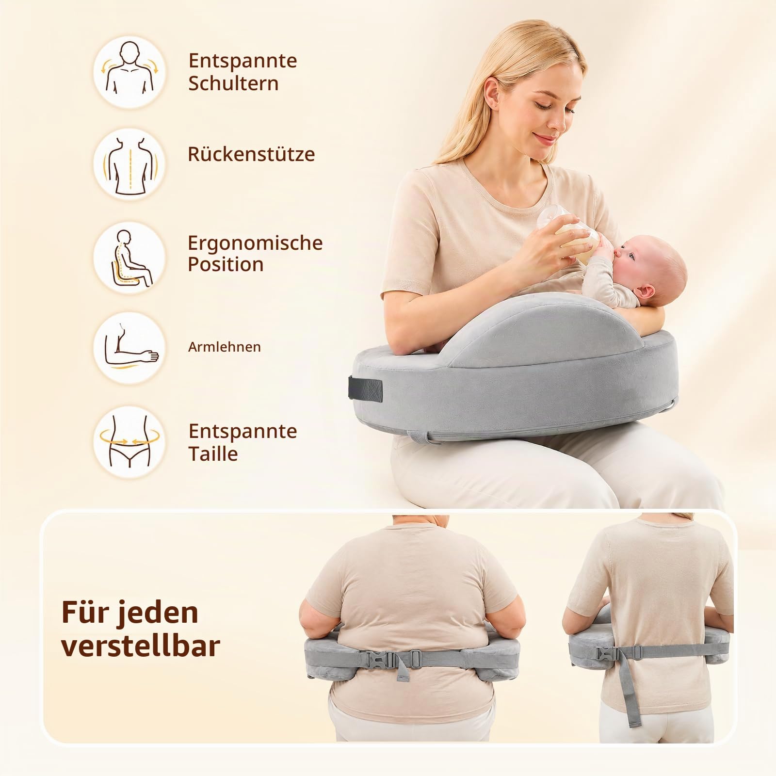 Stillkissen mit Sicherheitsumrandung, Memory Foam Stillkissen Ergonomisch mit Verstellbarem Gurt & Abnehmbarem Waschbarem Bezug, GroßesStillkissen für Komfort beim Stillen Zuhause Unterwegs
