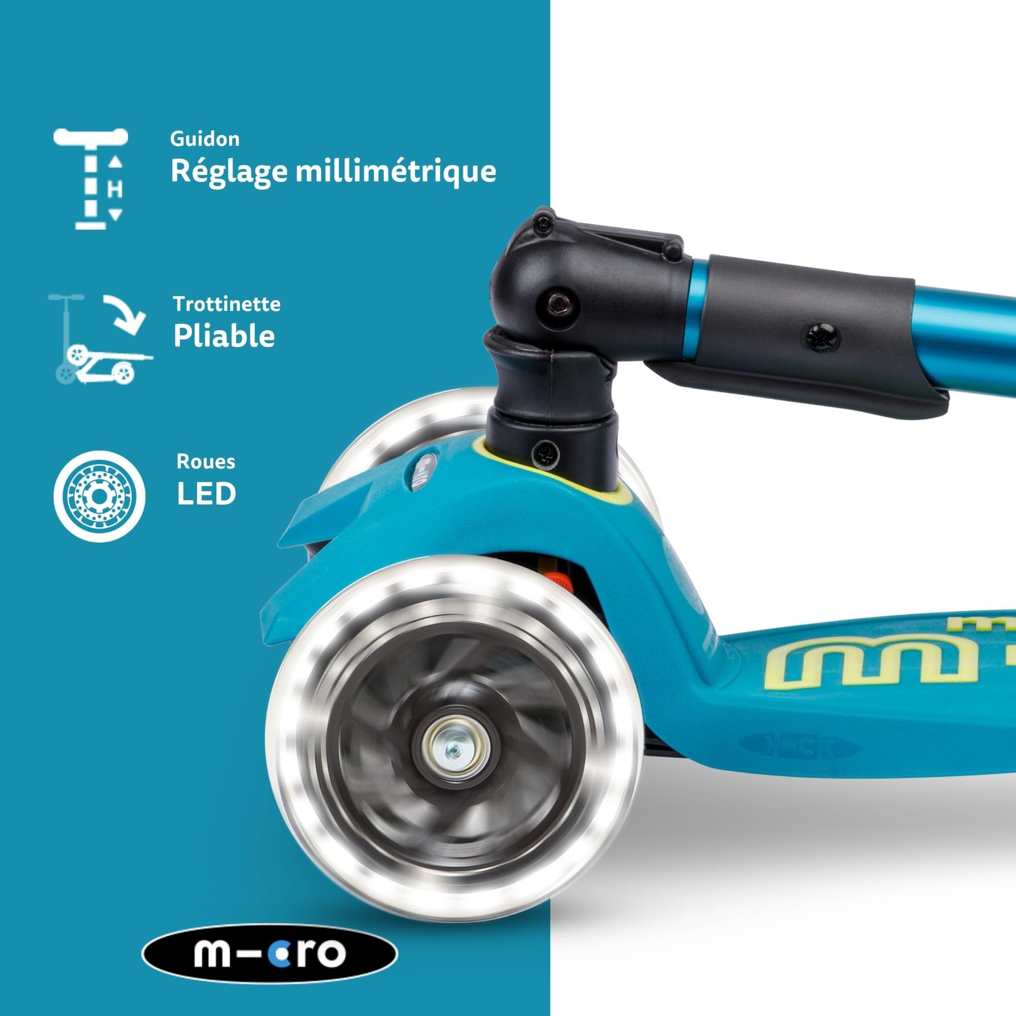 Micro, Maxi Micro Deluxe Pliable LED, Trottinette Enfant 3 Roues, 5-12 Ans | Direction souple par transfert de poids, Guidon réglable au millimètre, Légère, Roues PU LED à induction, Swiss Design