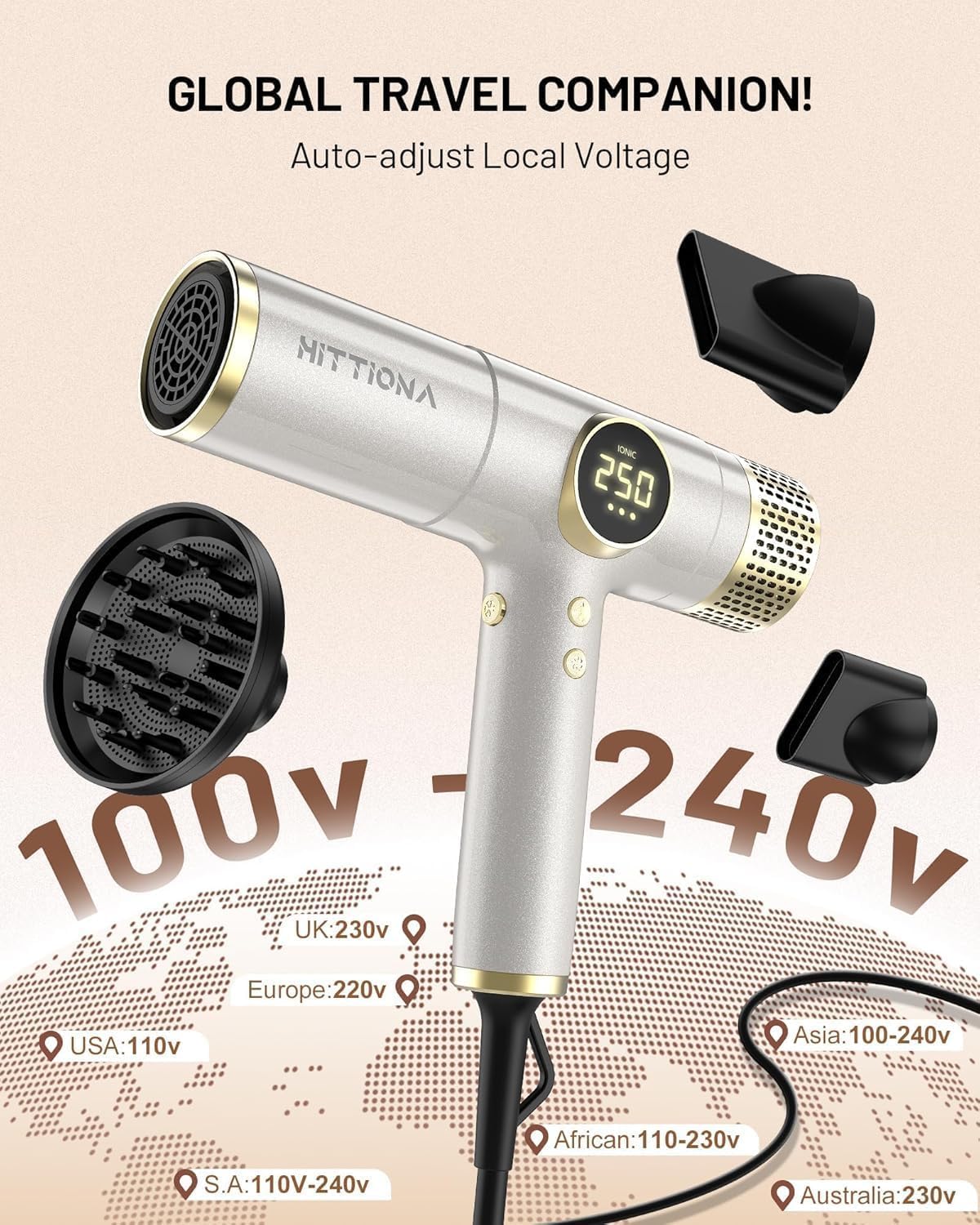 HITTIONA Hochgeschwindigkeits Ionen Föhn Trocknen Haartrockner | 110.000 U/min mit Magnetischer Diffusor, Dual Spannung Fön, Tragbar Reisefön mit 4 Temperatureinstellungen, 3-Gang