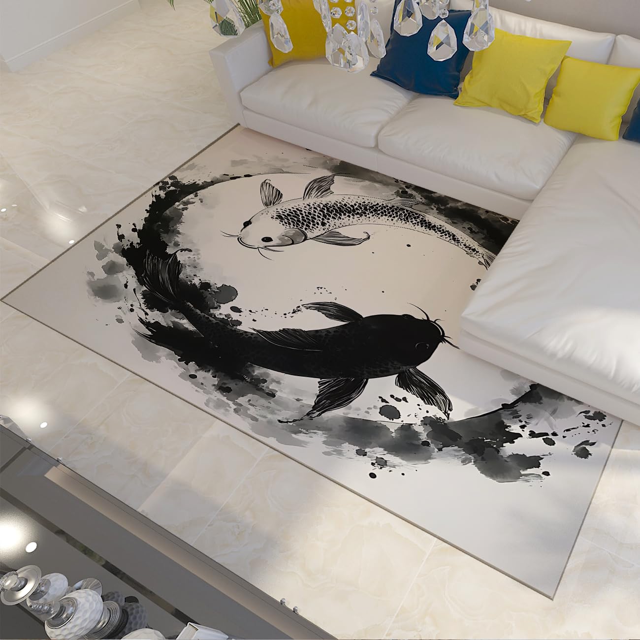 Tapis intérieur poisson koi lavable pour le salon et le bureau