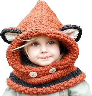 Winter Kids Crochet Cartoon Fox with Scarf Pocket Hooded Set Knitting Grey