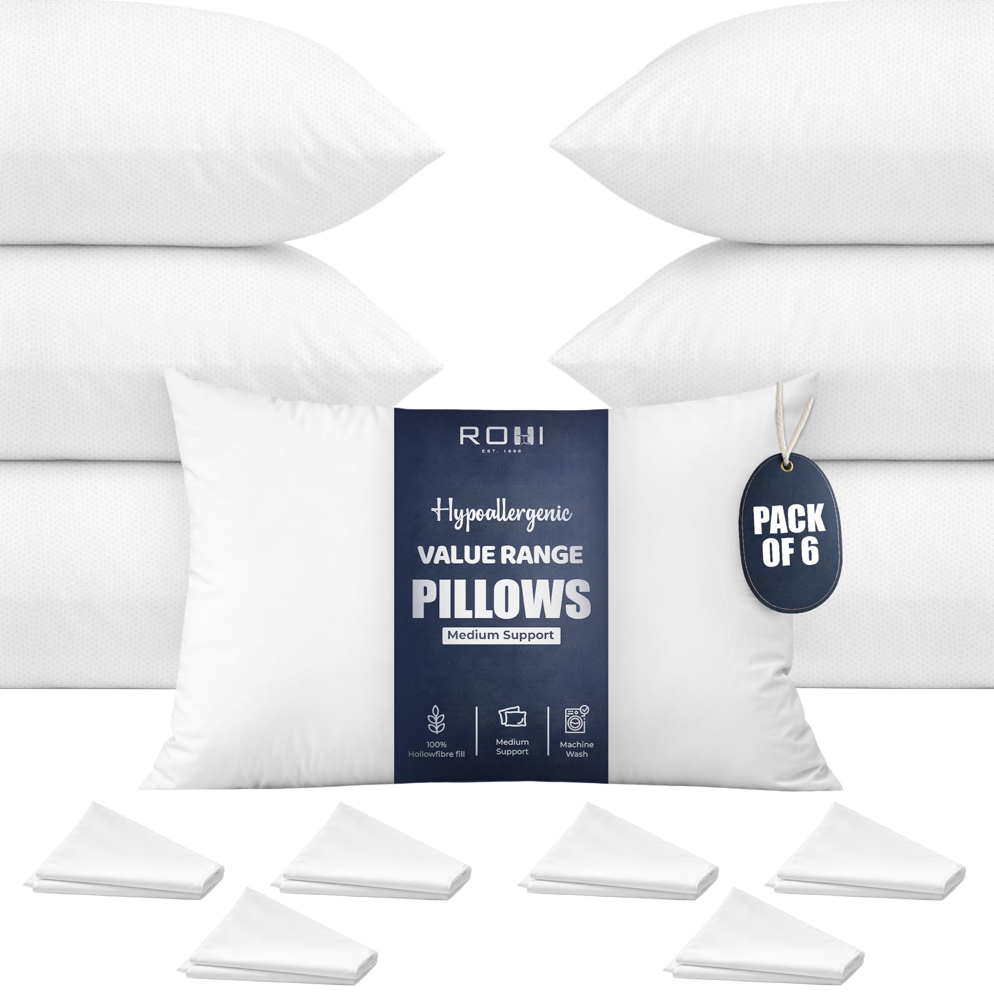 Rohi Value Range Pillows 6 Pack with White Microfibre Pillowcases | Neck Support Hypoallergenic Pillow | Breathable Medium Firm Pillows for Back, Front & Side Sleepers | UK Made 45 × 66 cm