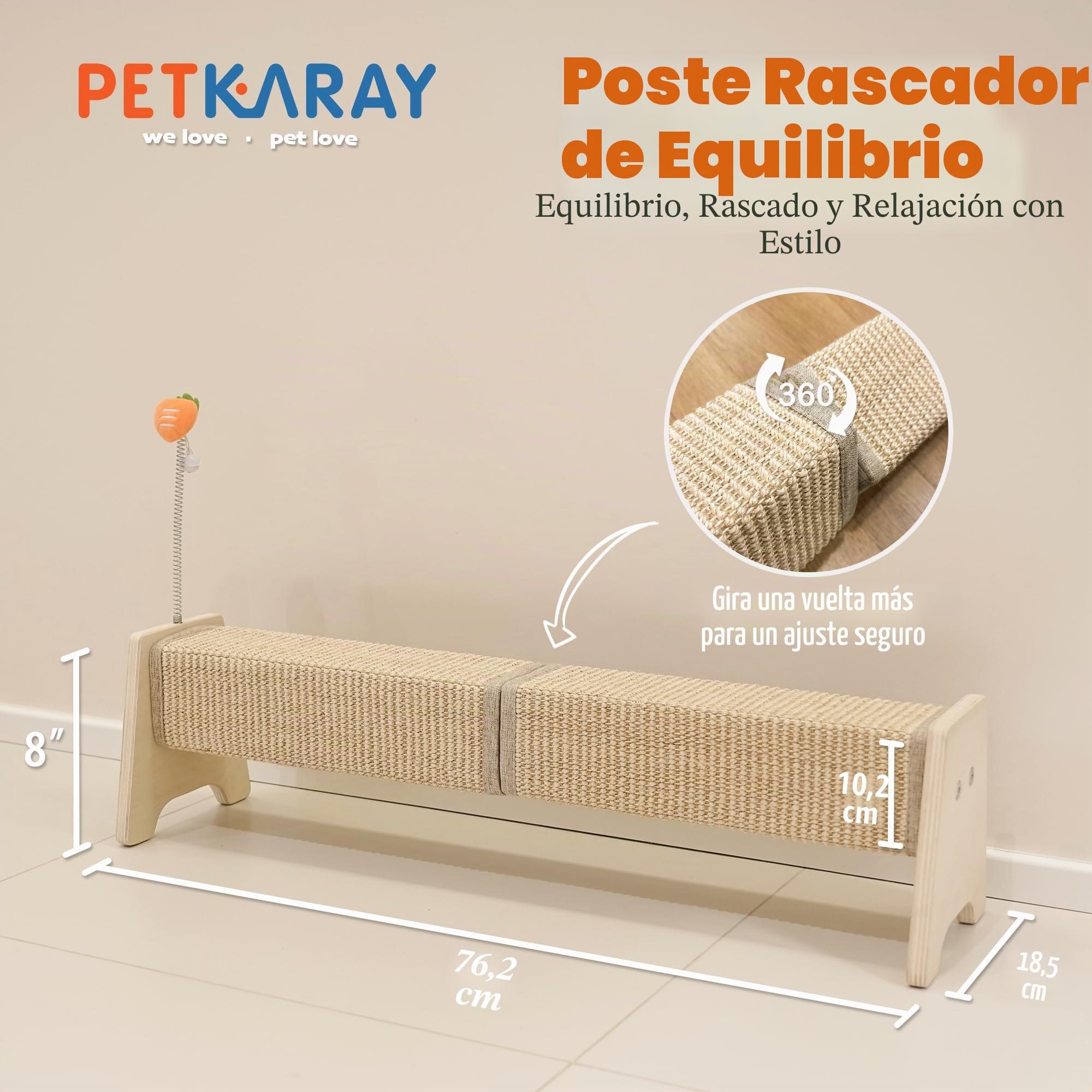PETKARAY Poste rascador Horizontal de sisal de 30", rascador Grande con Juguete de Resorte para Proteger Muebles de Gatitos de Interior