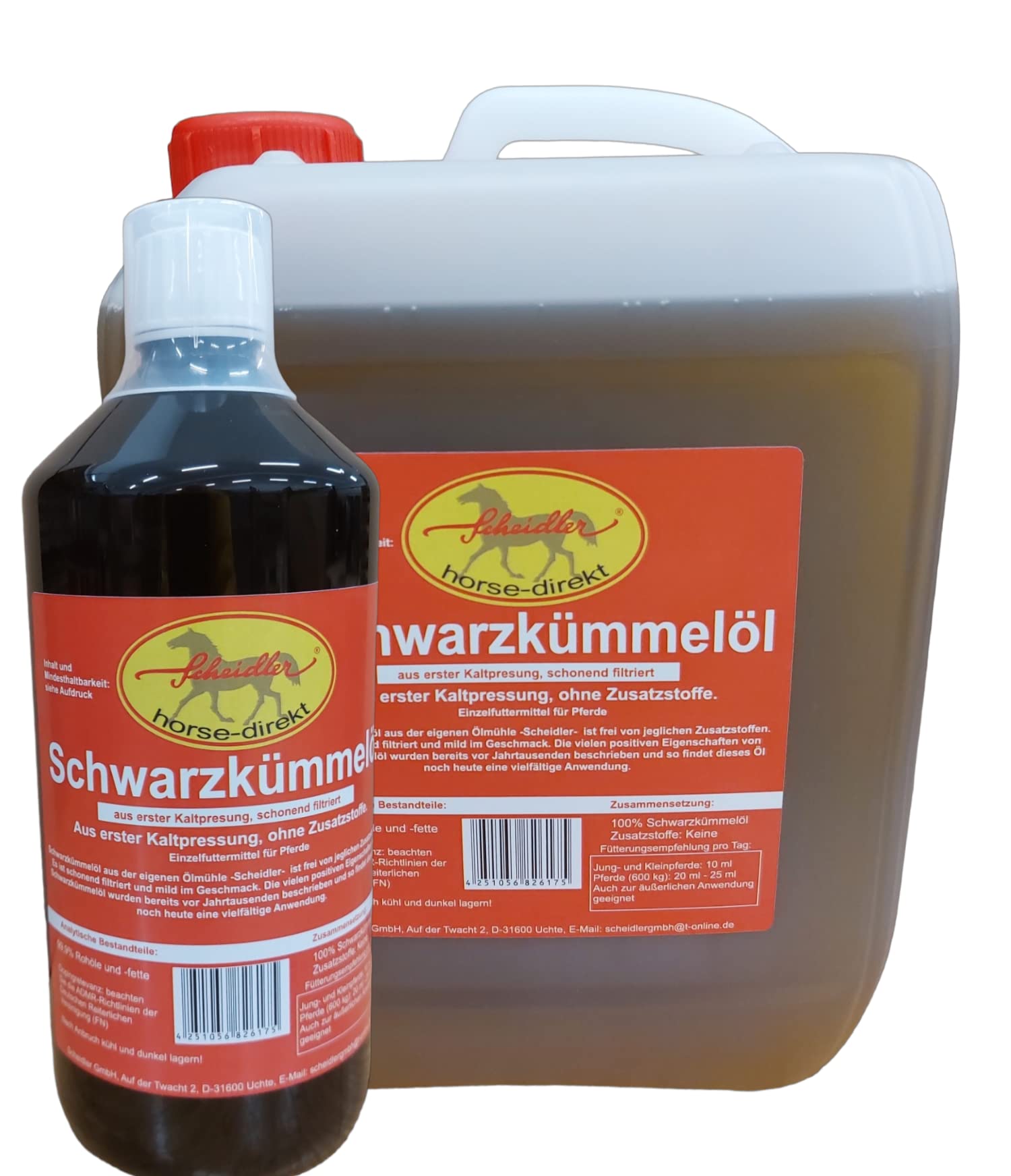 Scheidler horse-direkt 3,5 L Premium Schwarzkümmelöl für Pferde und Hunde Kaltgepresst – Frisch Aus Eigener Pressung - (1 x 2,5 L Kanister + 1 L Flasche)