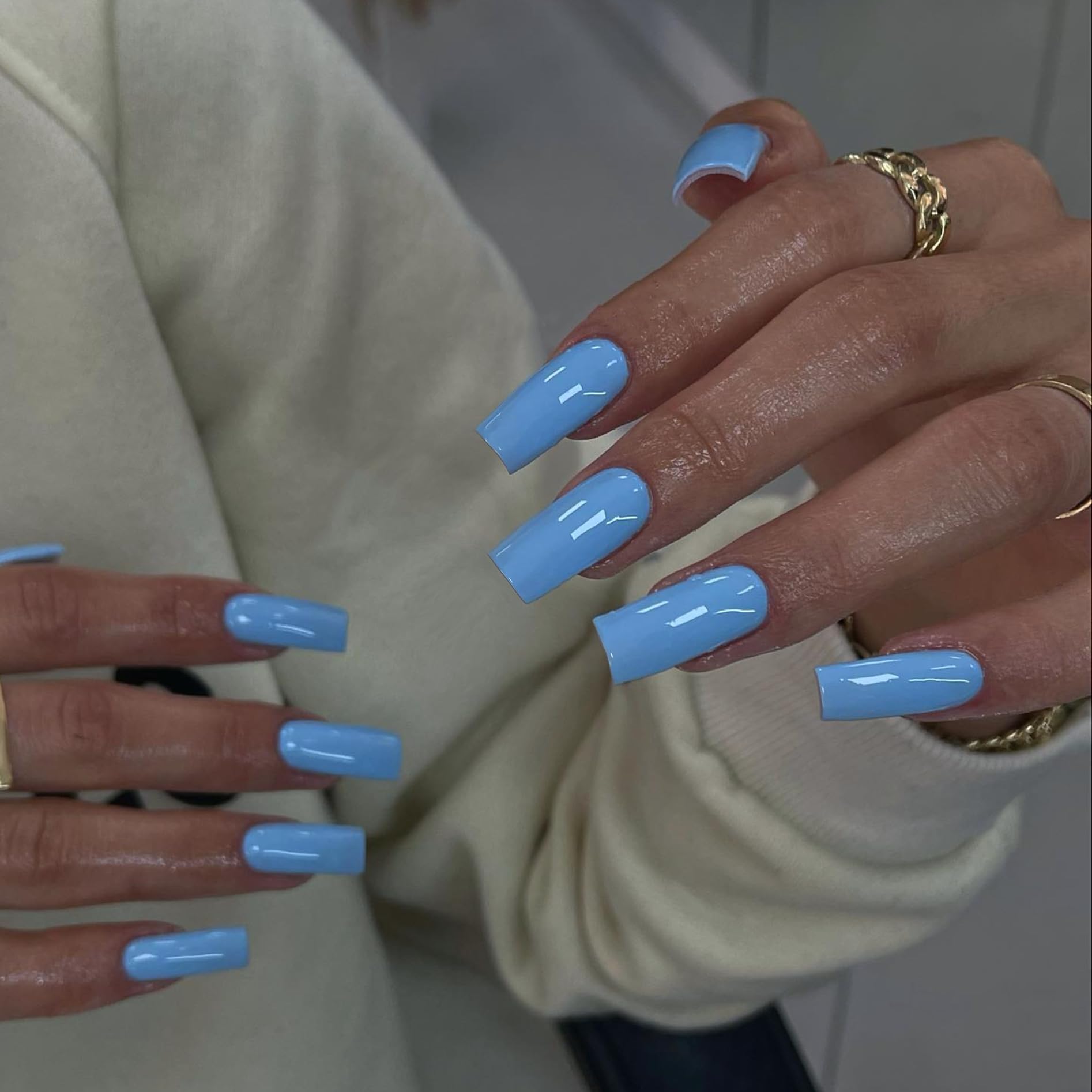 SXVME Baby Blue Press on Nails Long Square, Light Blue False Nails Medium Coffin, Glossy Gel Fake Nails Press on - Image 3