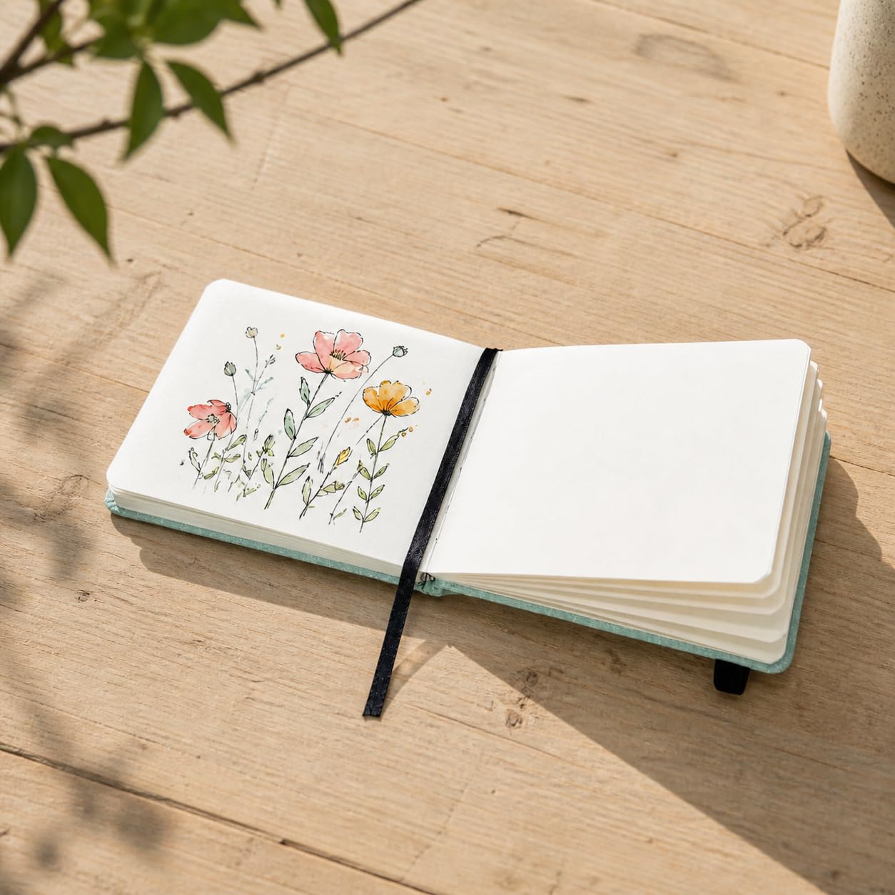 Cuaderno de dibujo A6 verde 100% algodón 300 gsm, horizontal apaisado – Bloc acuarela y tinta, 30 hojas (60 páginas), papel prensado en frío – Sketchbook viaje con bolsillo interior