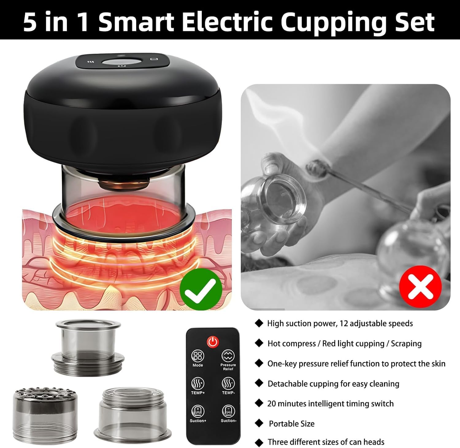 Ventosas Fisioterapia, Infrarrojos Vacumterapia Ventosa Electrica Masaje con 3 Cupping, 12 Etapas de Temperatura/Succión Conjunto ventosas Masajeador para Alivio del Dolor Relajación