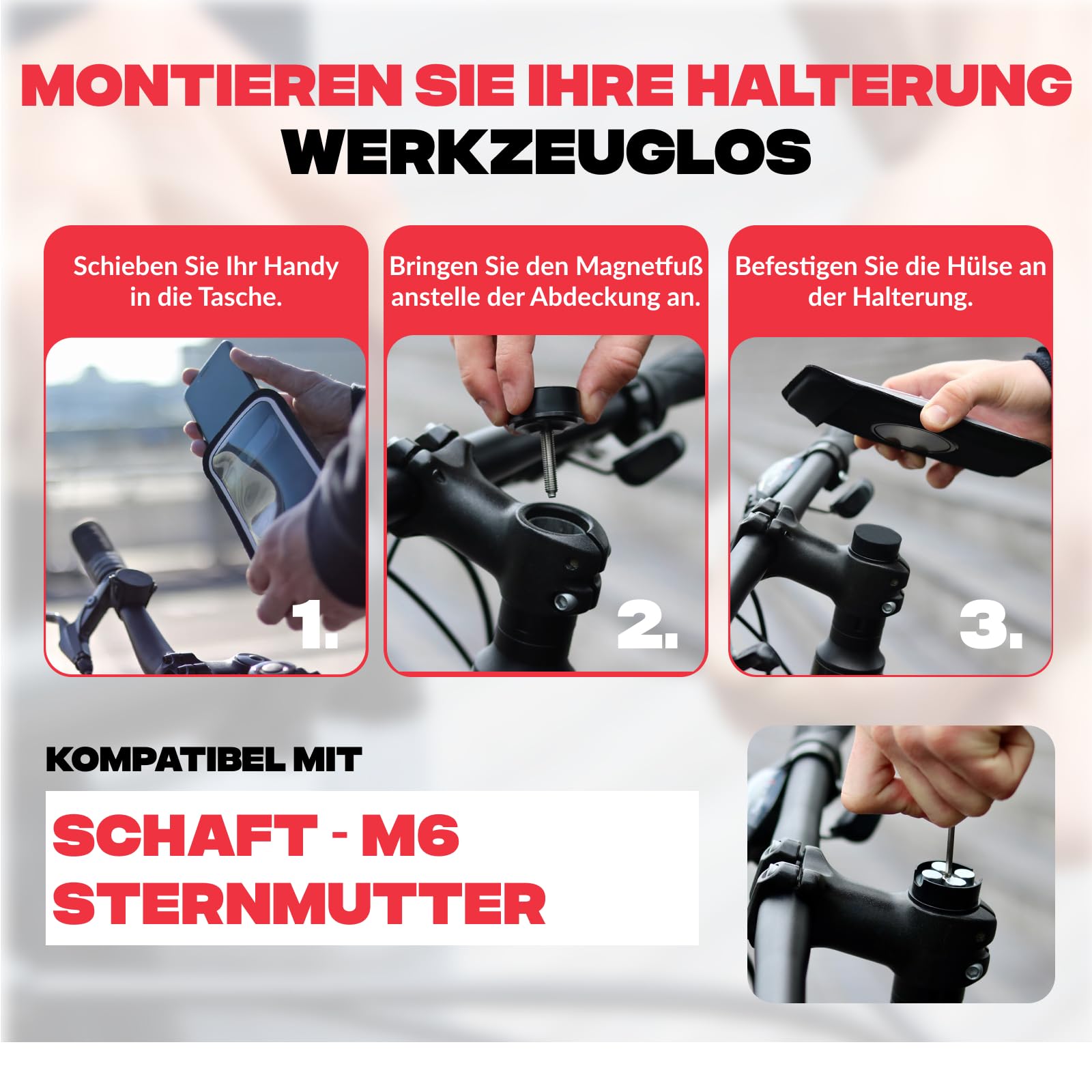 Shapeheart Fahrrad-Handyhalterung für Vorbau M6, abnehmbar & Weatherproof | Für alle Handys | M6-Gabelschaftmutter | Ahead 1⅛ Zoll (28–32 mm) | 1-Hand-Bedienung | Touchscreen | Rennrad, Gravel, MTB