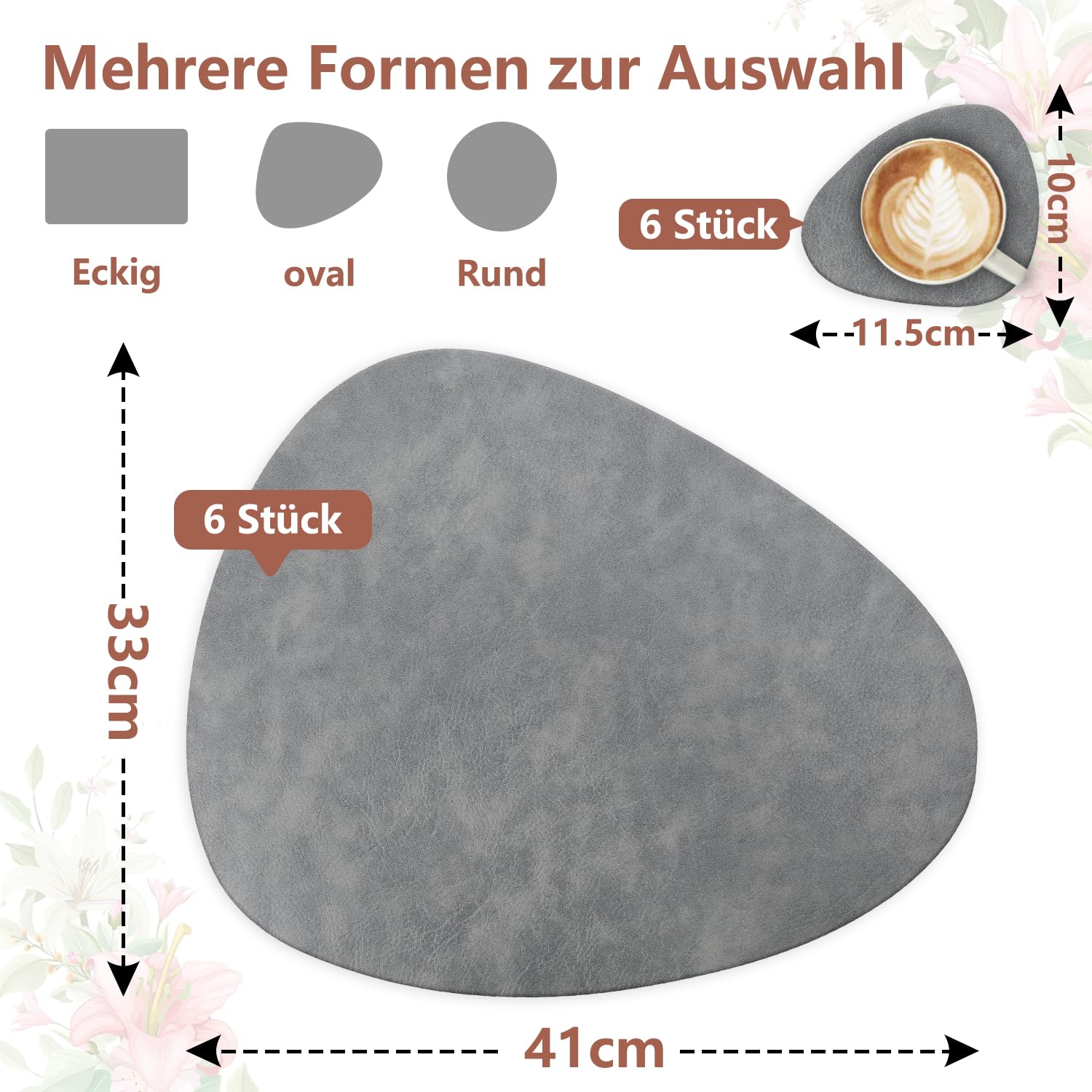 HELI MIAO Set van 6 placemats van imitatieleer, afwasbaar en waterdicht, placemats lederlook met onderzetters, dubbelzijdig antislip (vierkant, lichtgroen beige