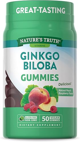 Nature's Truth Ginkgo Biloba Gummies  100 mg  50 unidades  Sabor melocotón frambuesa  Suplemento de extracto vegano, sin OMG y sin gluten
