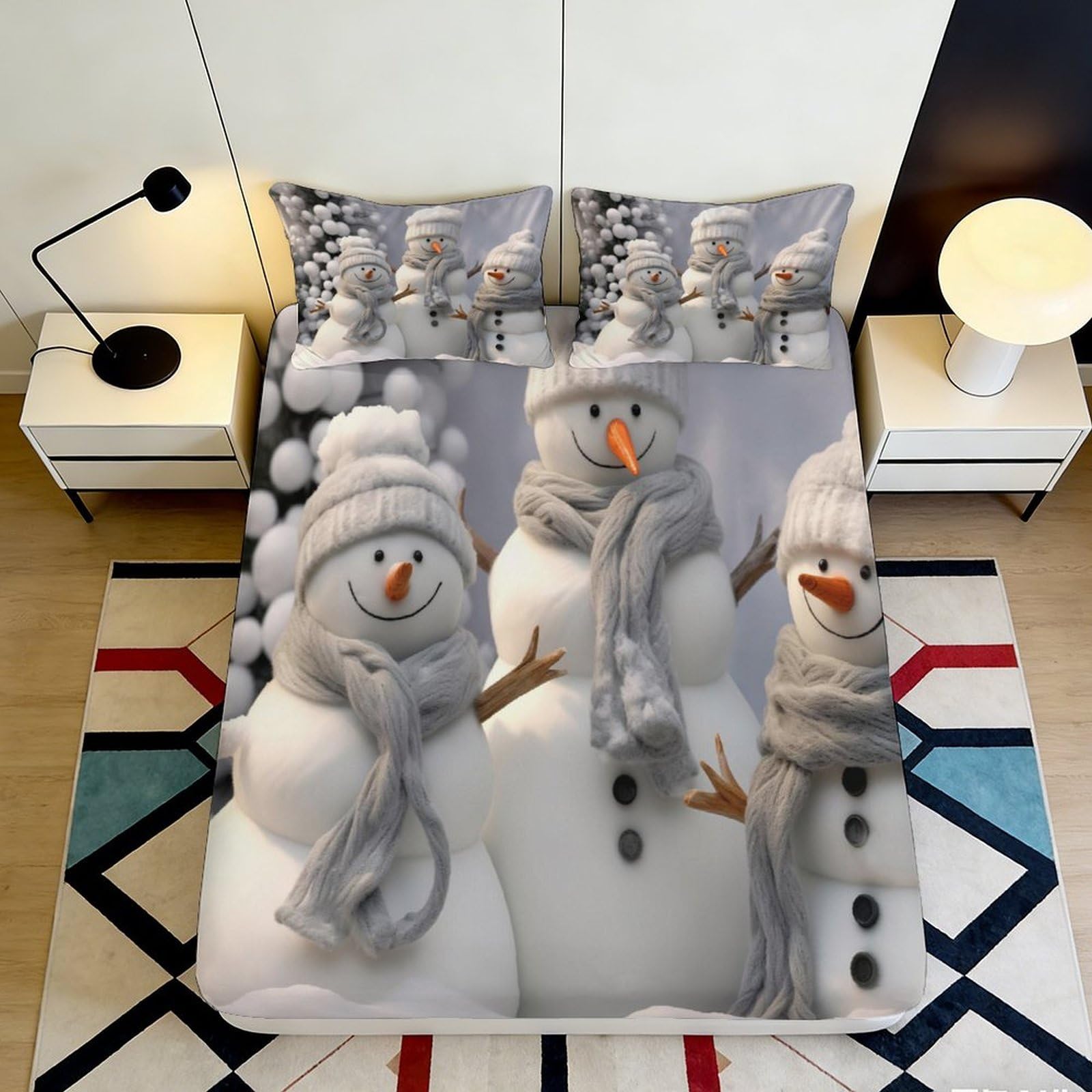 3D Printed Snowman Family Fitted Sheet Microfiber Soft Grey Winter Bed Cover for Bedroom Guest Room Decor 90x200x25cm