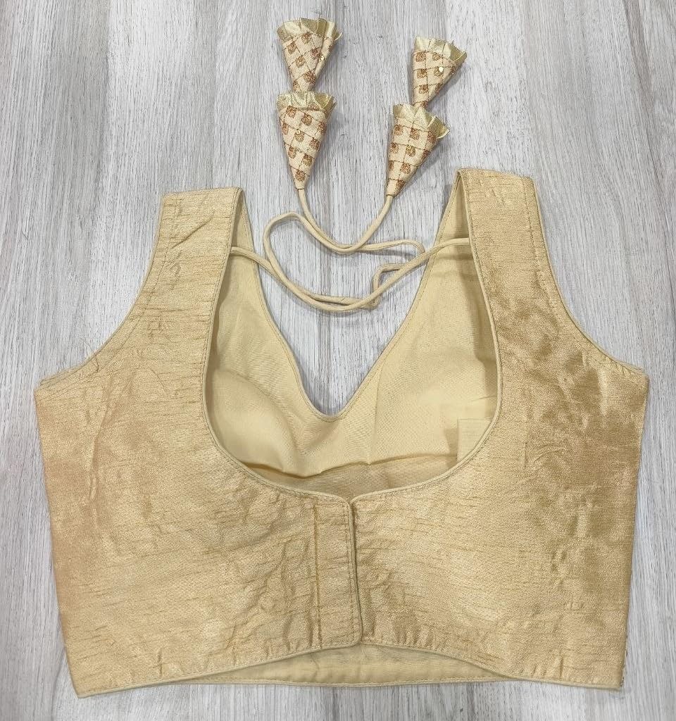 Pujia Mills Women's Readymade Heavy Mono Banglori Sleeveless Sabyasachi Pattern Embroidery With Sequence Work Gold Color Saree Blouse For Lehenga Choli