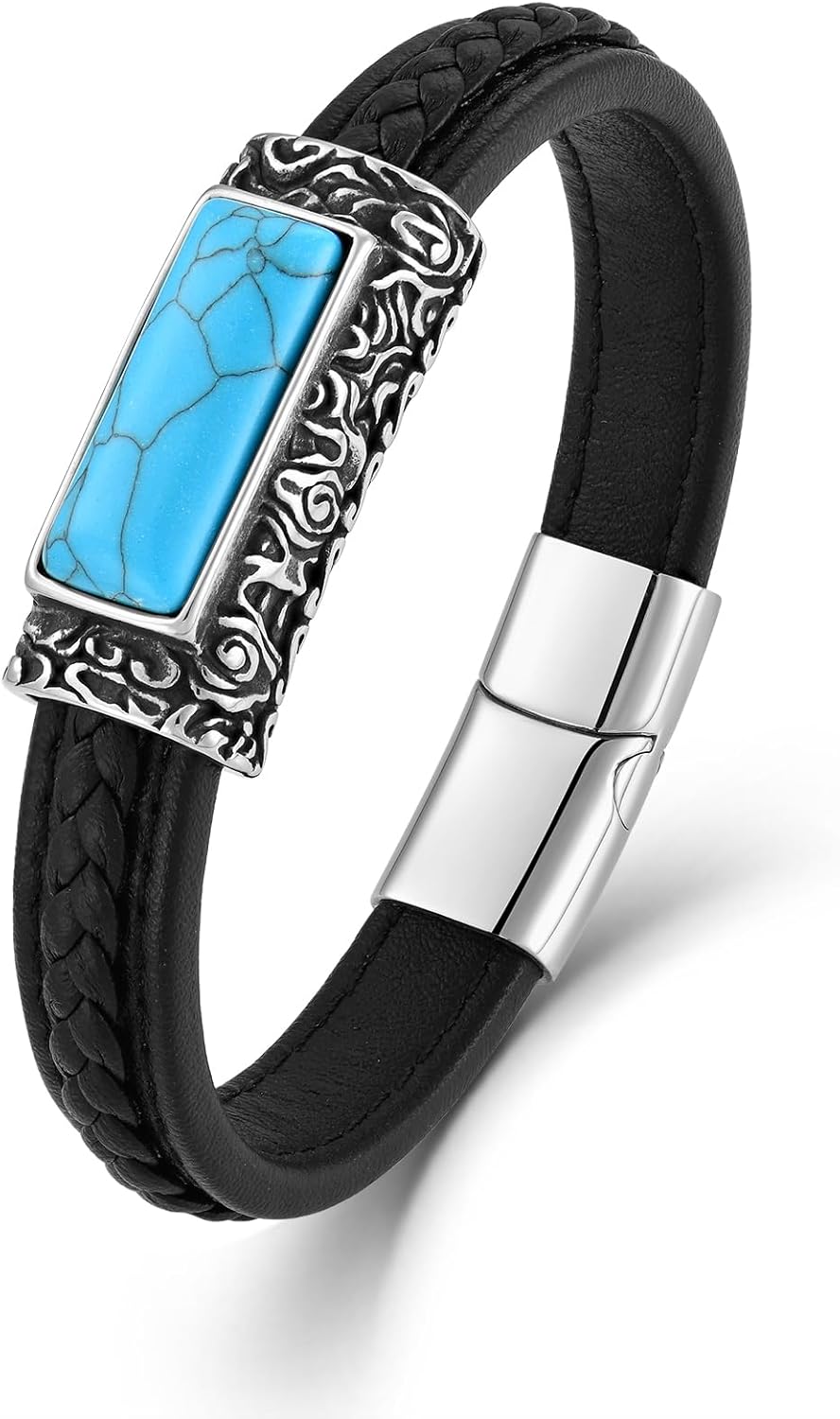 Men's Leather Vintage Turquoise & Tiger Eye Bracelet Stainless Steel Biker Jewelry for Him