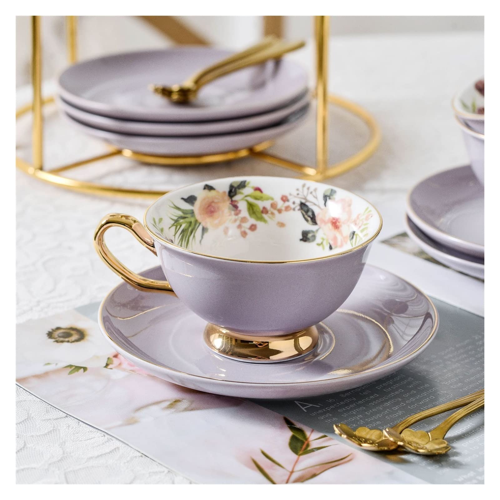 Juego de Tazas de Cafe,Taza de Té y Plato Copa de café de cerámica Set Exquisito Color Golden Rim Café de café y platillo Taza de té Taza de té Taza de té(Purple)