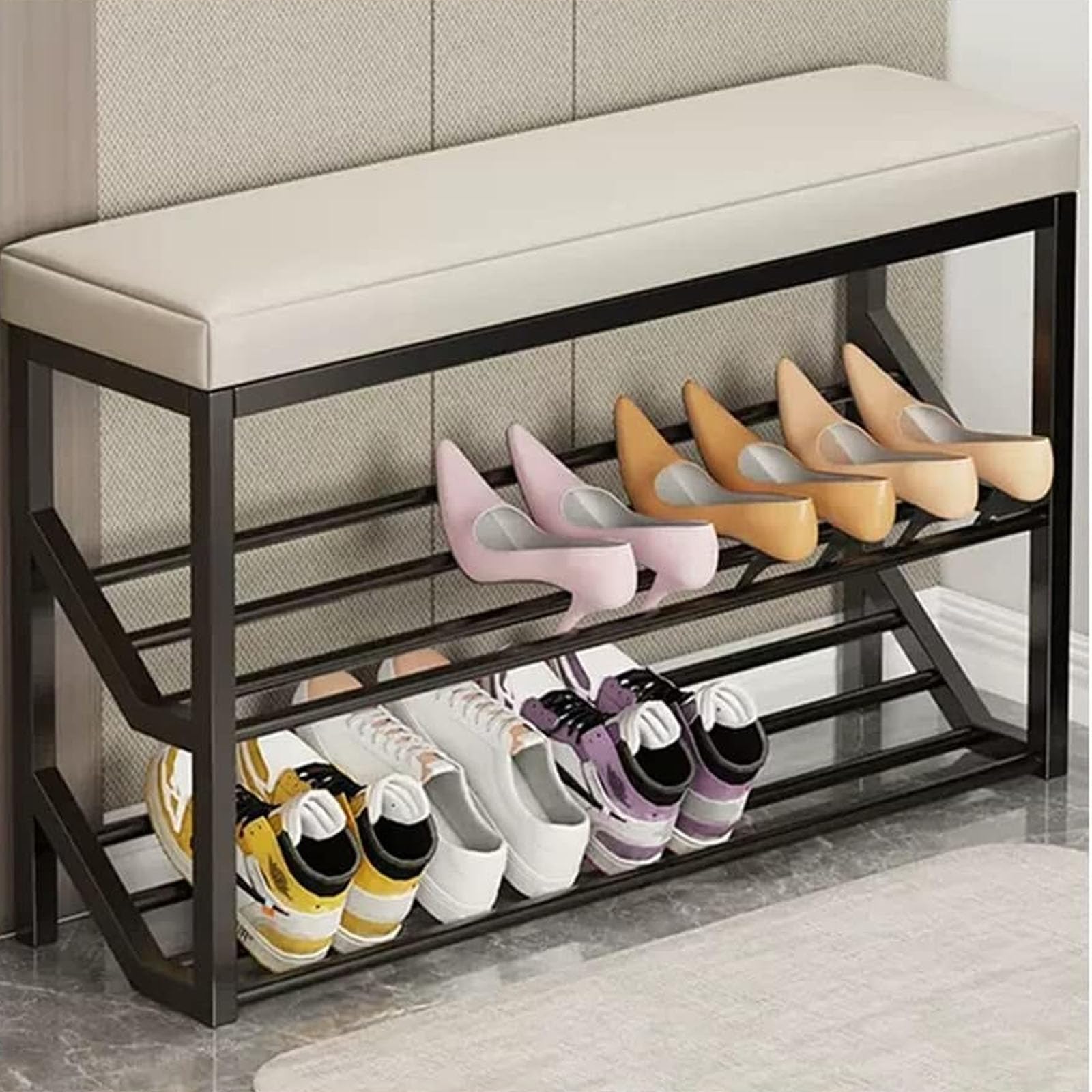 WJFTODAY 2 Tier Shoe Rack Bench with Seat Industrial Entryway Black & Beige Storage Stand with Metal Shelves for Shoes Size: 80x20x48cm