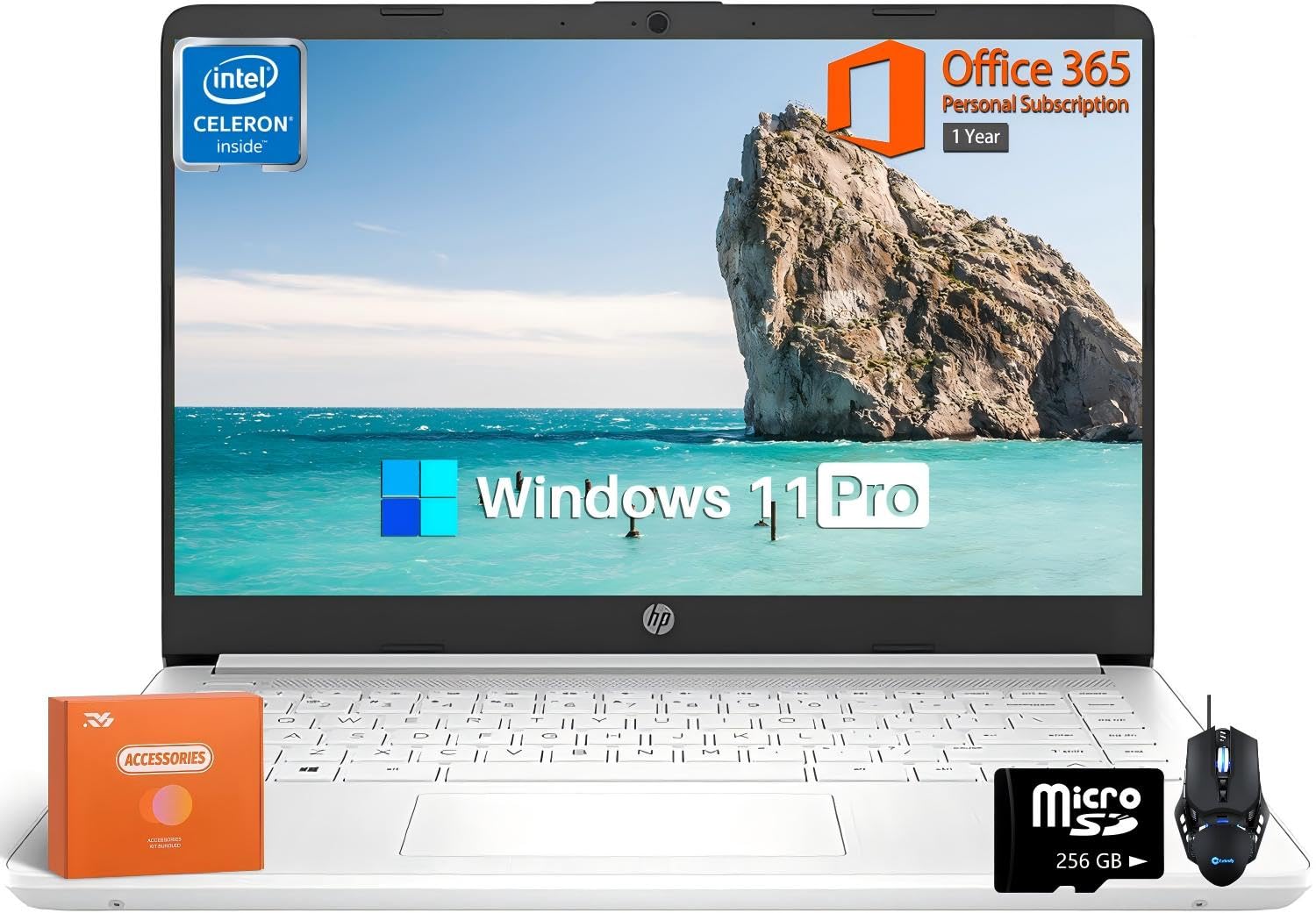 HP 14 inch Laptop Student Business, Intel Celeron CPU, 16GB RAM, 320GB Storage(64GB eMMC+256GB MSD), 1 Year Microsoft 365, Intel UHD Graphics,