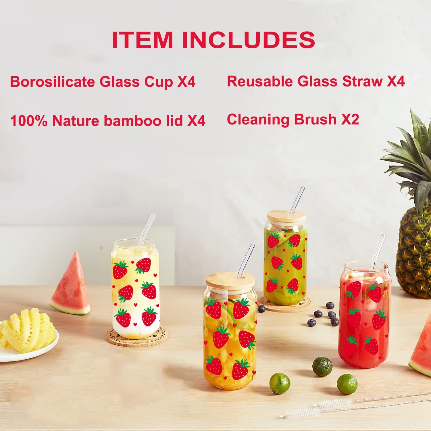 AuraFusion Clean Girl Trinkglas mit Strohhalm und Deckel, 16 oz Glasbecher mit Kirschblüten, Schleife und Herz-Muster, Vielseitig für Kaffee, Cocktails und Mehr