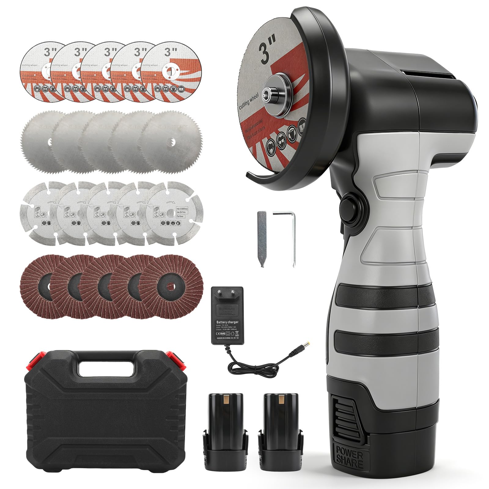 Mini Winkelschleifer Set, Akku-Winkelschleifer mit 2x 2000mAh Akkus, 20x Trennscheiben, 14000 U/min, 75mm Bürstenmotor Schleifer zum Schneiden, Polieren & Schleifen