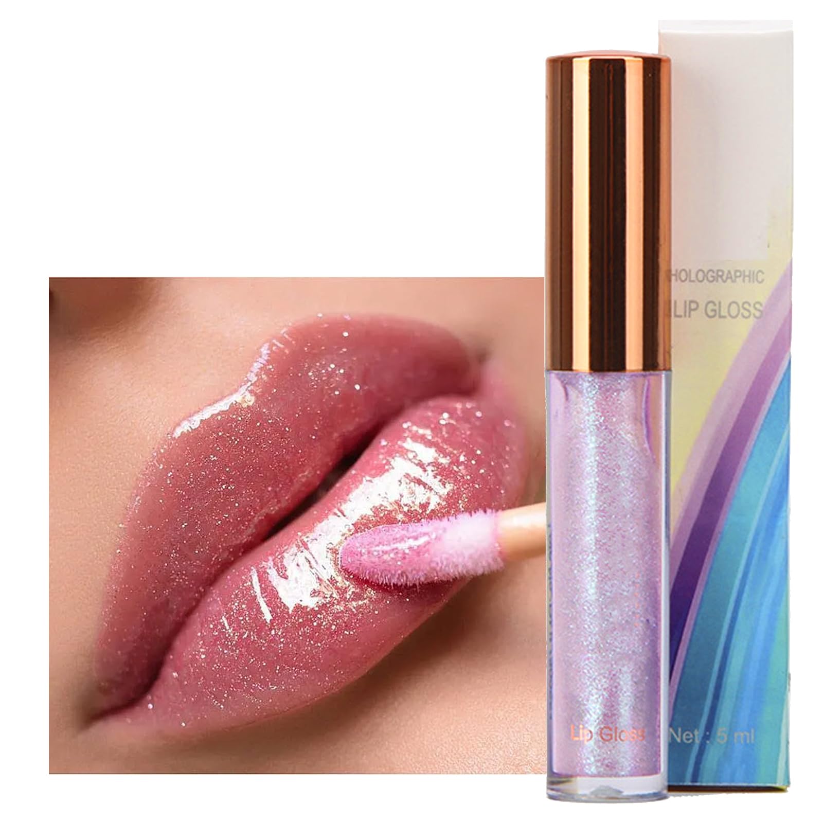 Pink Glitter Lip Gloss, Diamond Shimmer Lipgloss Metallic Lip Gloss Liquid Lipstick, Nude Non-stick Cup Long Lasting Waterproof Lip Plumper Lightweight Lipstick for Women