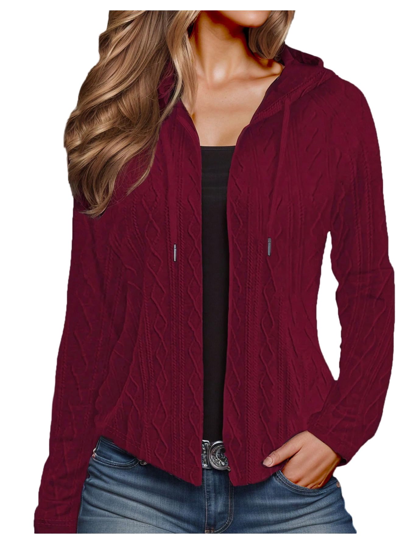 OYOANGLE Womens Cable Knit Zip Up Hooded Cardigan Sweater Long Sleeve Drawstring Knit Jackets Outerwear