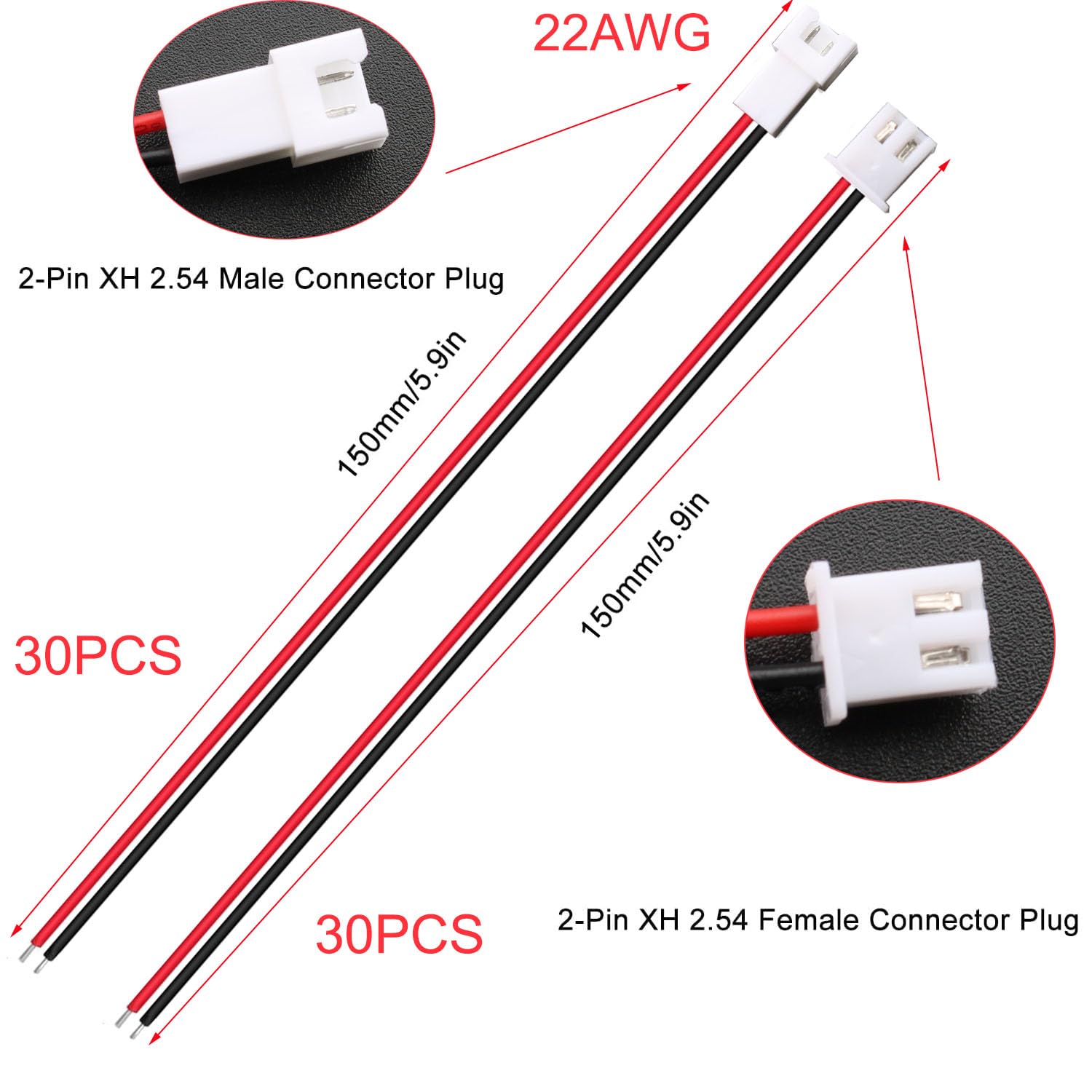 60 Pezzi (30 Paia) JST Connettore Mini 2.54 XH 2 Pin Maschio e Femmina Con Cavo 150mm 26AWG, Micro Elettrico Spina Presa