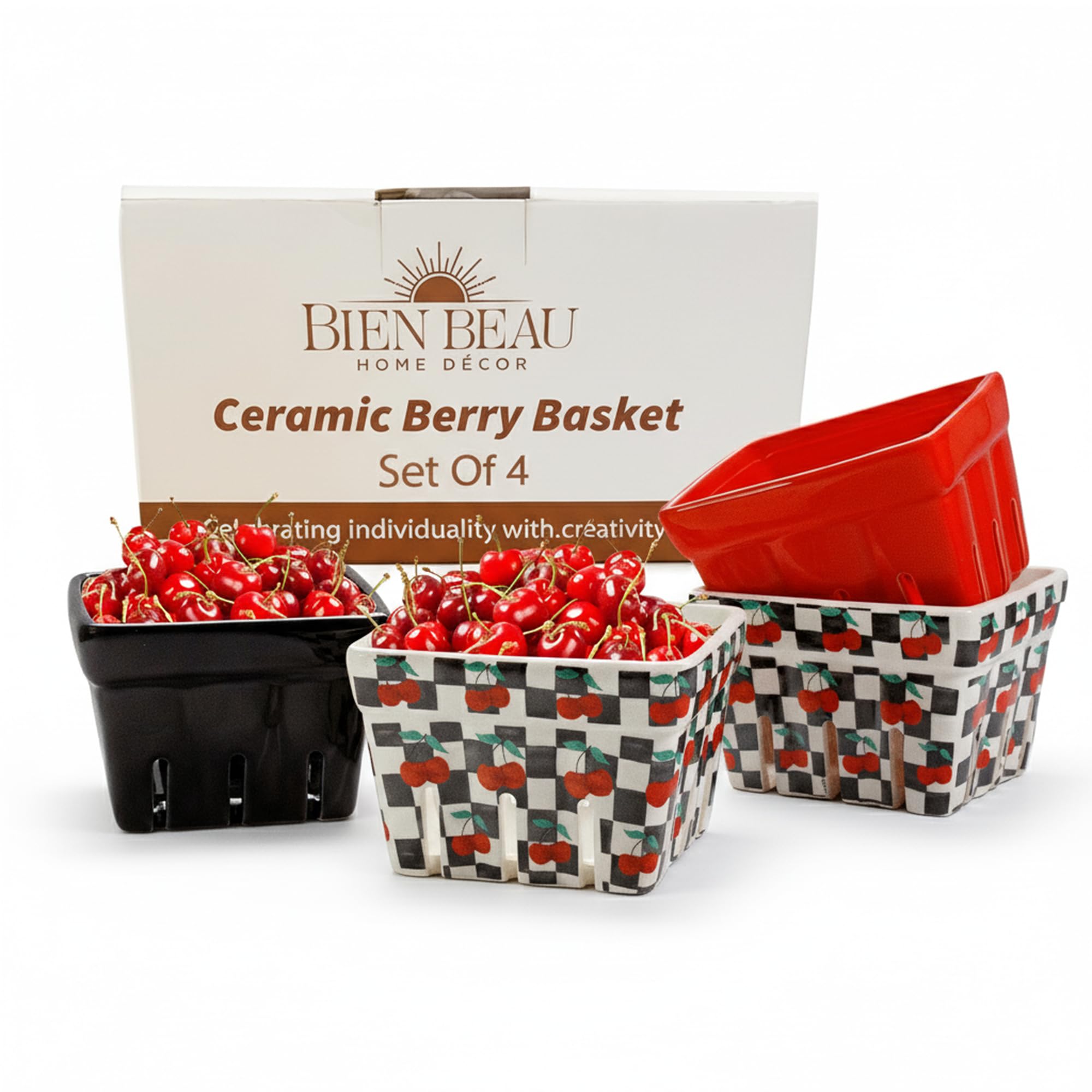 BIEN BEAU Ceramic Berry Basket -Checkered black and White with red Cherries pattern-Colander -Modern Kitchen Decor Fruit Bowls - Checkerboard Fruit Baskets, Farmer's Market Harvest Bowls Set of 4