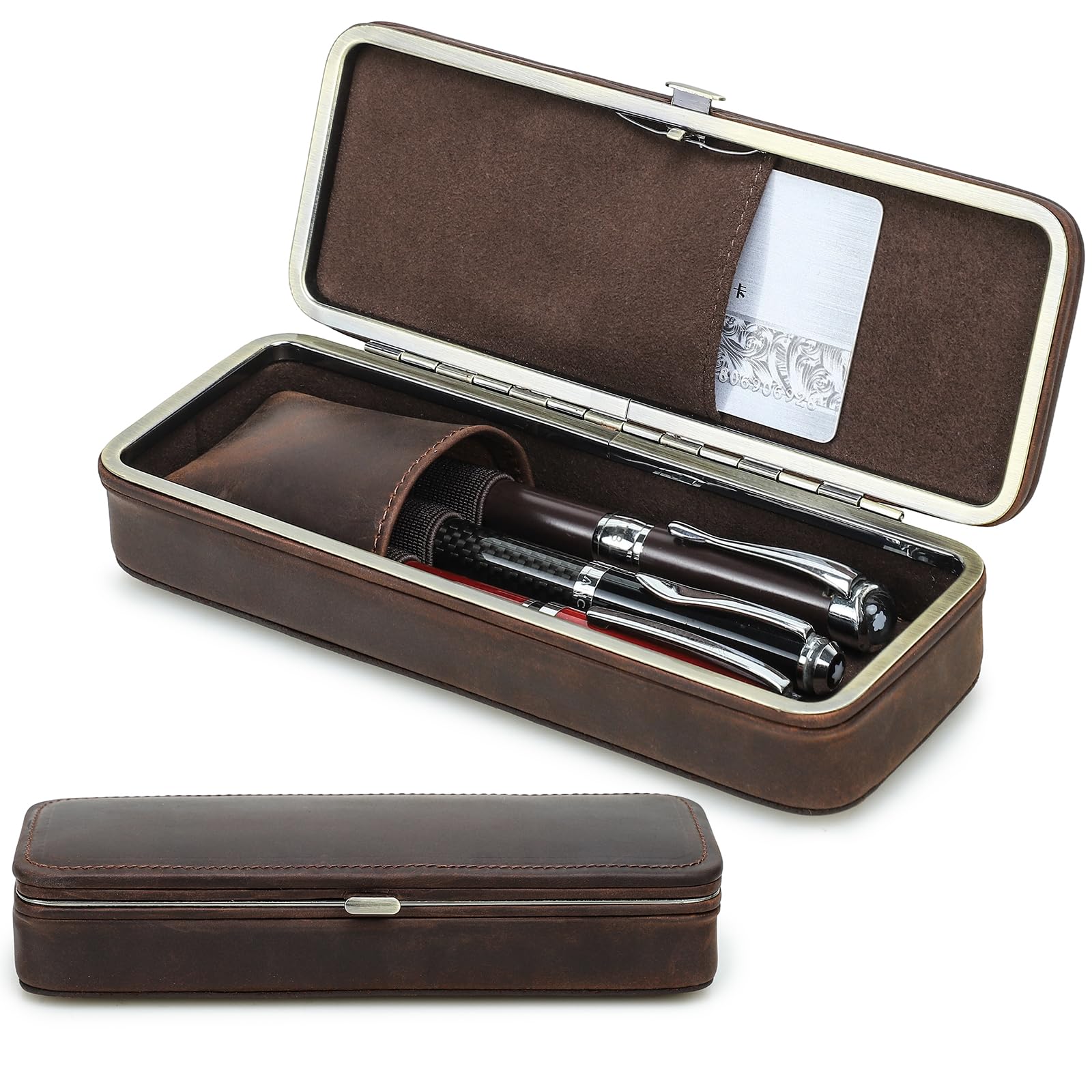 CONTACTS Leather Fountain Pens Case Box Handcrafted,Metal frame Closure Pencil Organizer Pockets Stationery Bag for Men/Woman Vintage Office 3 Pen Pouch with Card Slot