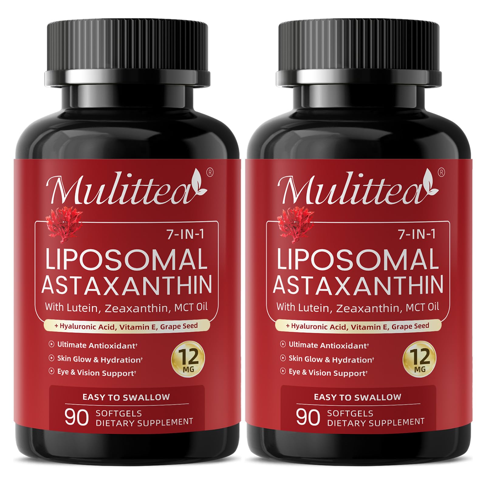 Liposomal Astaxanthin 12mg with Hyaluronic Acid & Lutein for Skin & Eye 90 Count (Pack of 2)