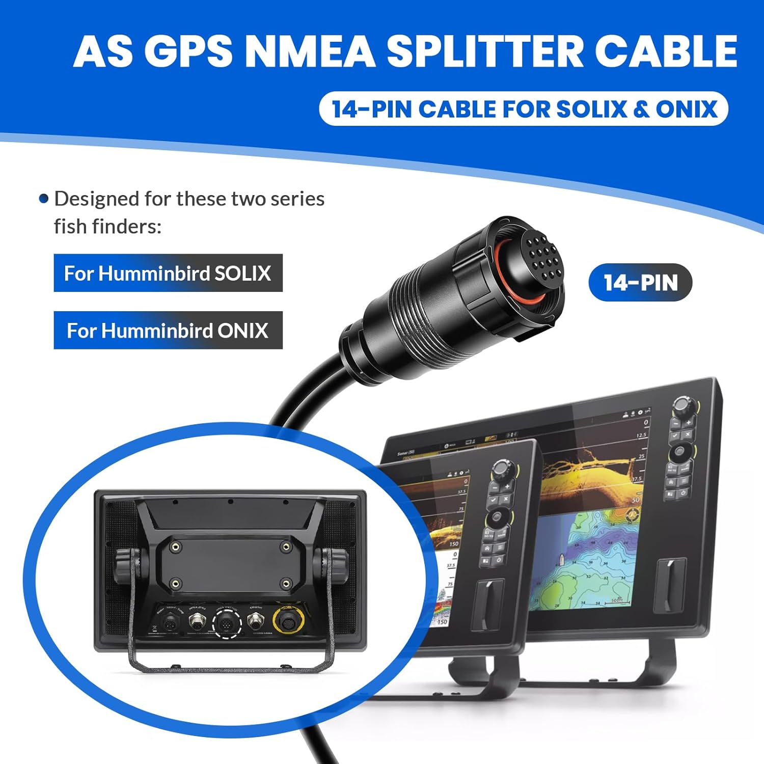 Replacement for 720080-1 AS GPS NMEA Splitter Cable, for Humminbird SOLIX and Onix Fish Finder, Supports External GPS Receiver & NMEA 0183 Device, 14-Pin Connector Y-Cable
