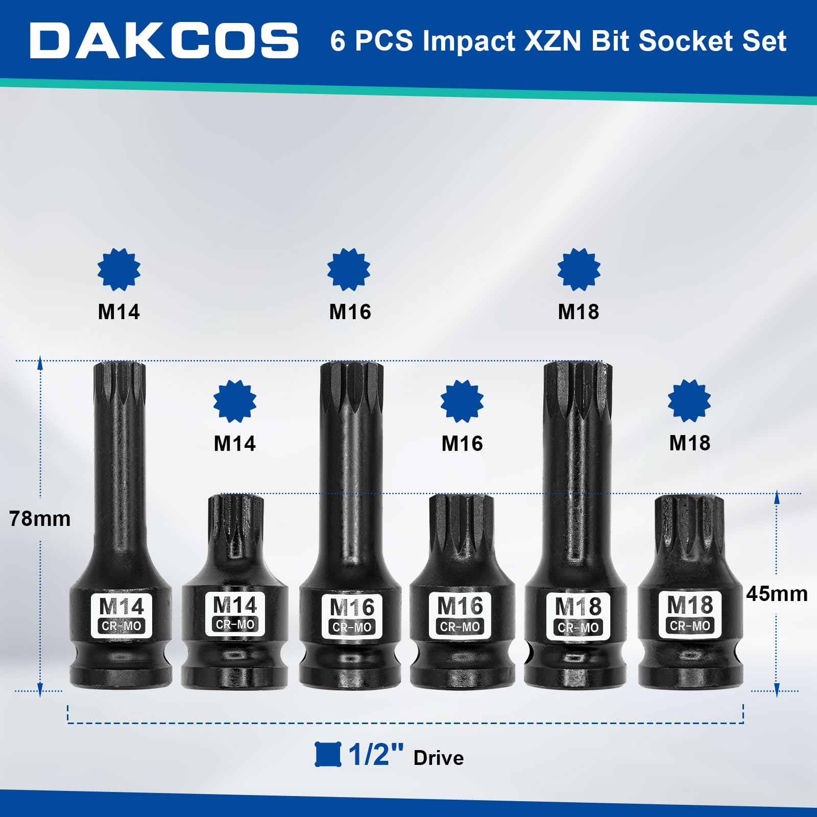 DAKCOS 1/2 Inch Impact XZN Bit Socket Set, M14 M16 M18, 6 Piece Triple Square Spline Bit Socket Set,Cr-Mo - Image 2