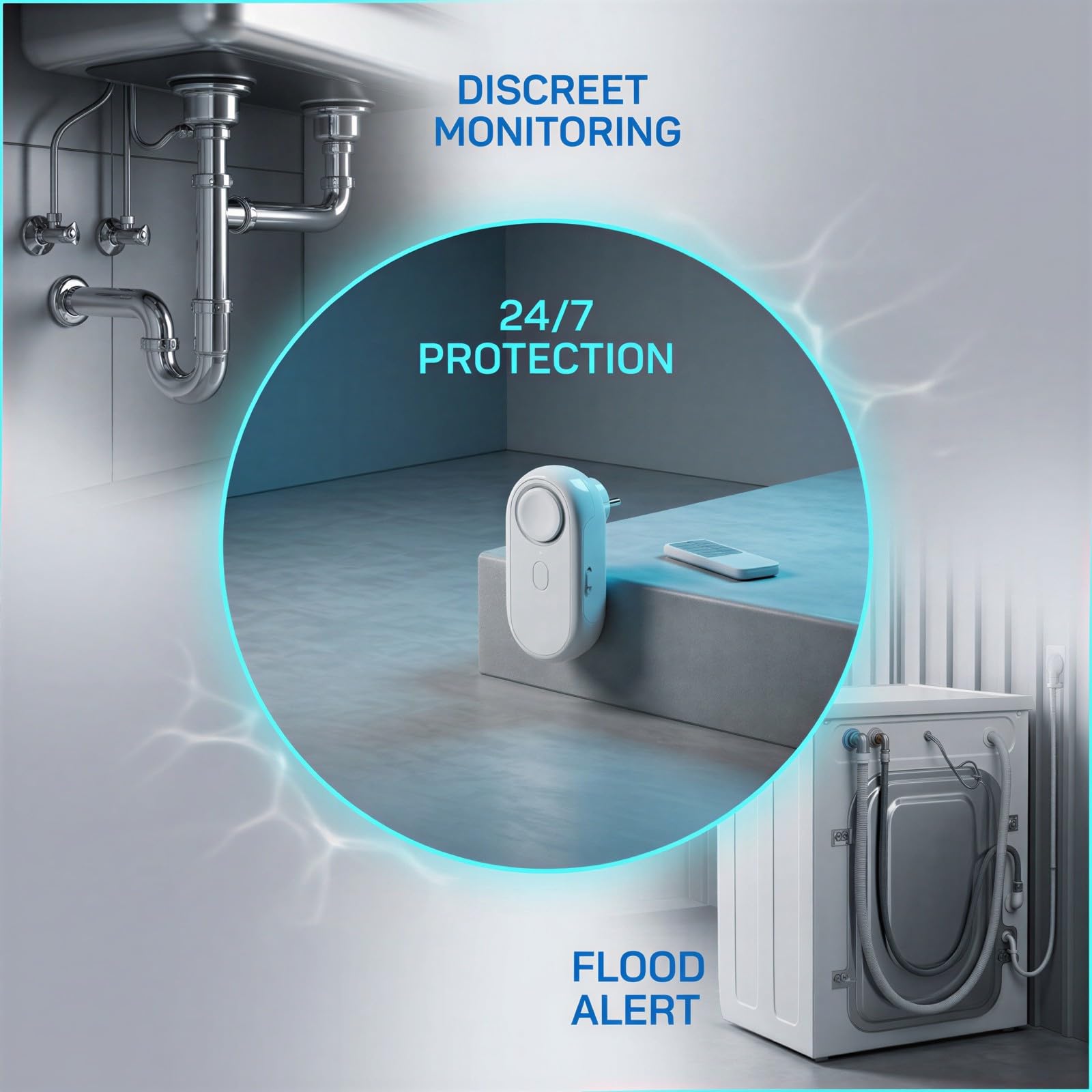 Kabelloser Wasserleckalarm mit 1,10 m Sensorkabel, intelligenter Wasserleckmelder mit Fernbedienung, Doppelmodus-Überlaufsensoren für Zuhause, 8,99 x 3,99 x 2,01 cm, für Küche, Lager, Keller