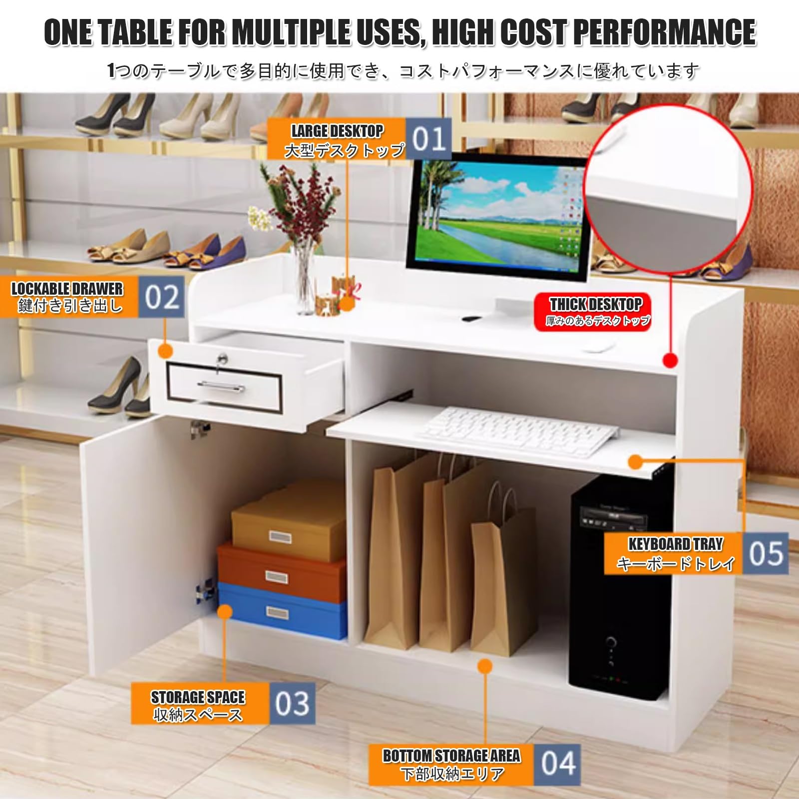 Moderno banco reception con gestione dei cavi, per uffici, hotel e negozi di abbigliamento, 100 cm, elegante reception per sale da lavoro