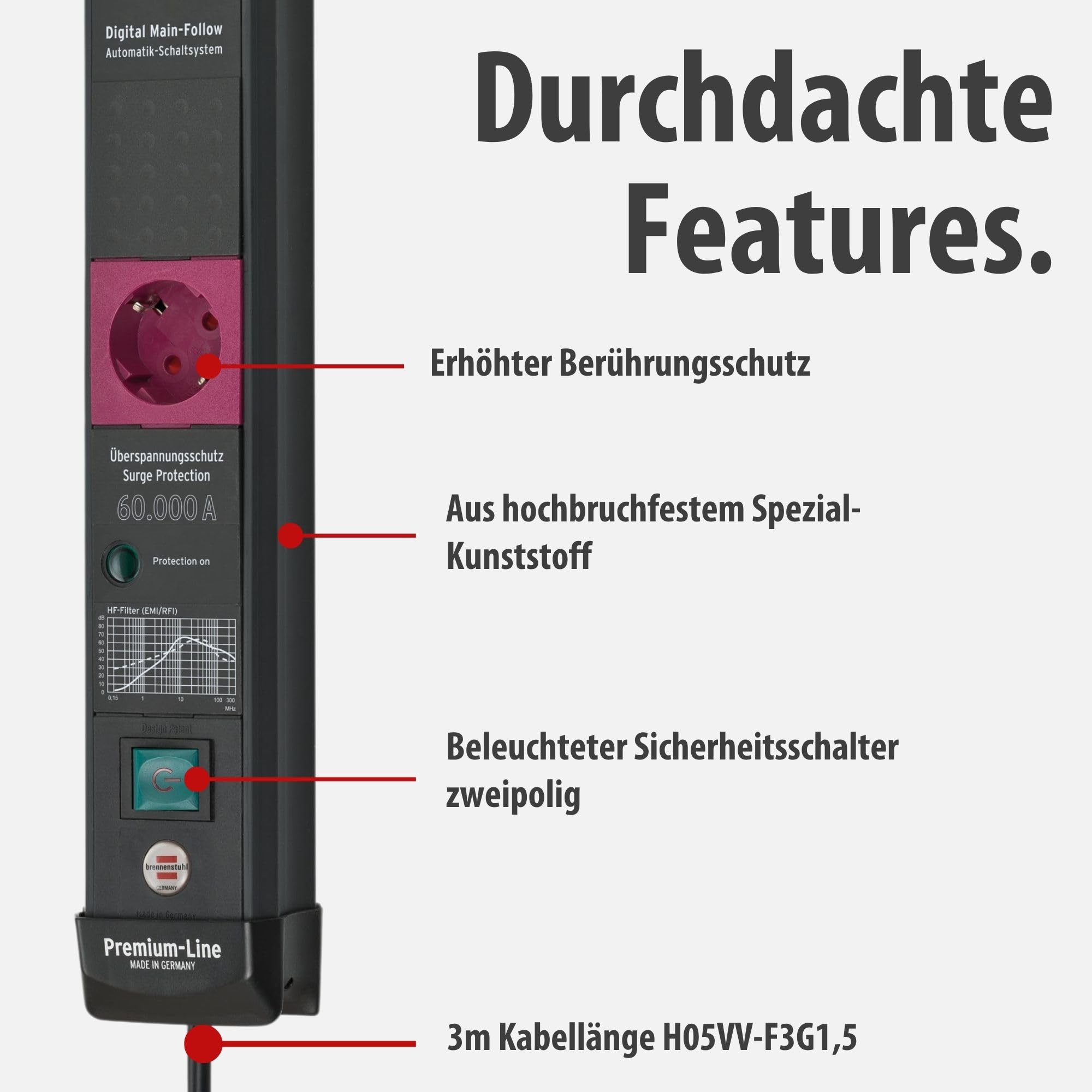 Brennenstuhl Premium-Line Steckdosenleiste 5-Fach mit Überspannungsschutz und Main-Follow Funktion (Mehrfachsteckdose mit Schalter und 3m Kabel, Steckdosenleiste Wandmontage, Made in Germany) schwarz