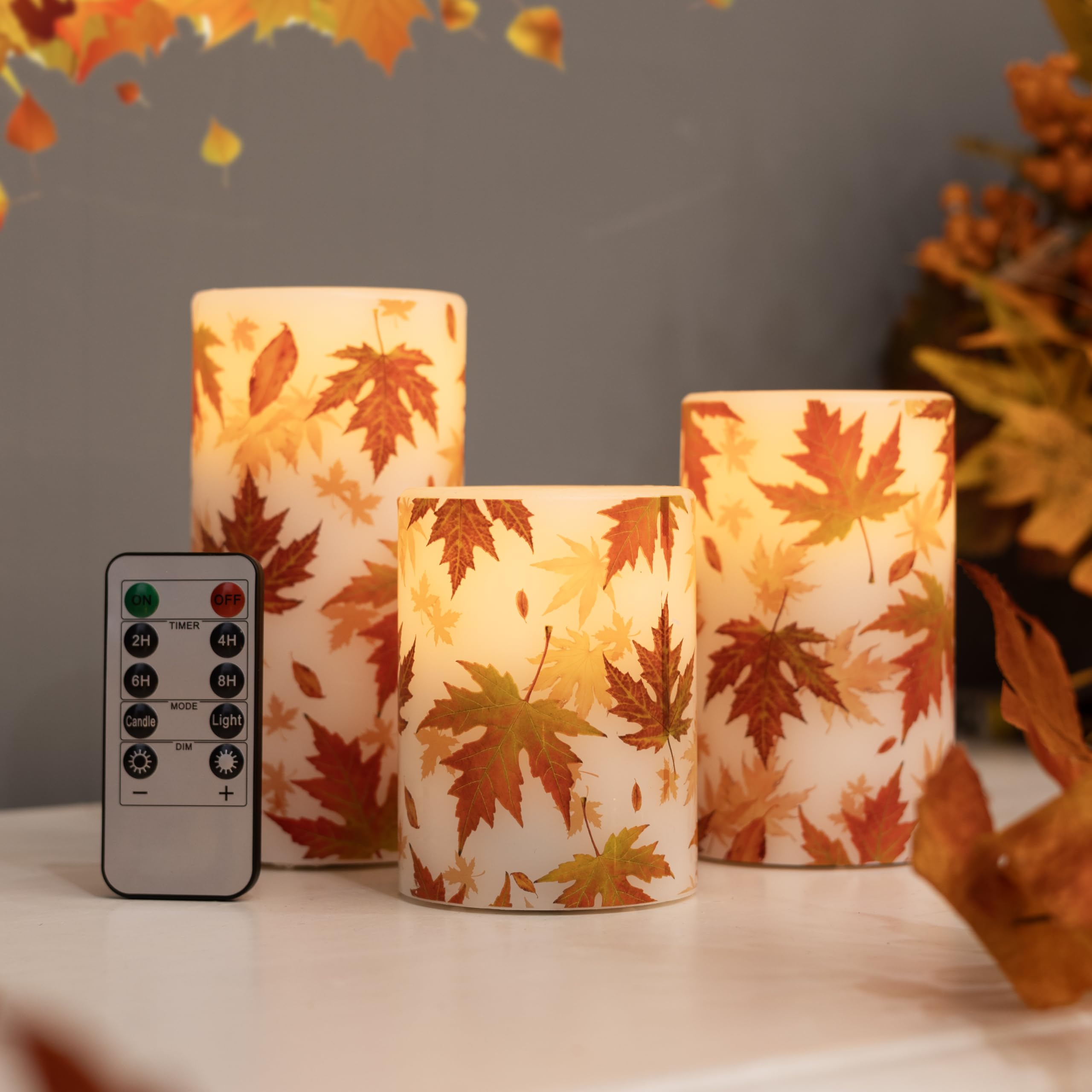 LUSHARBOR Candele senza fiamma con telecomando, a forma di foglia d'acero, a batteria, per il Ringraziamento, candele a LED, in vera cera, decorazione autunnale, candele elettriche, set di 3
