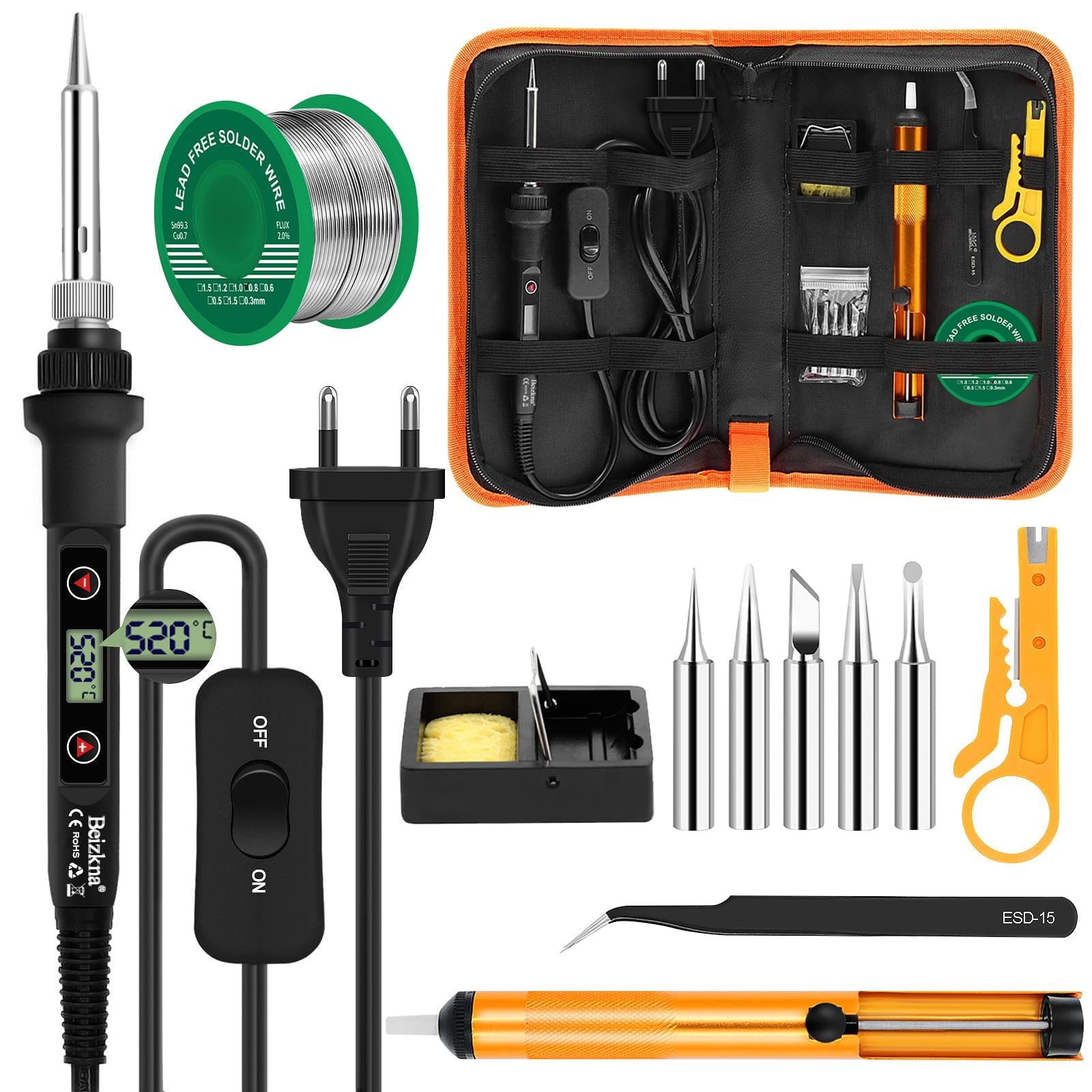 Beizkna 80W tennlödkolv kit 13-i-1 professionell lödkolv med justerbar temperatur 180 ℃-520 ℃, 5 st spetsar, avlödningspump, stativ, antistatiska klämmor, lödtråd