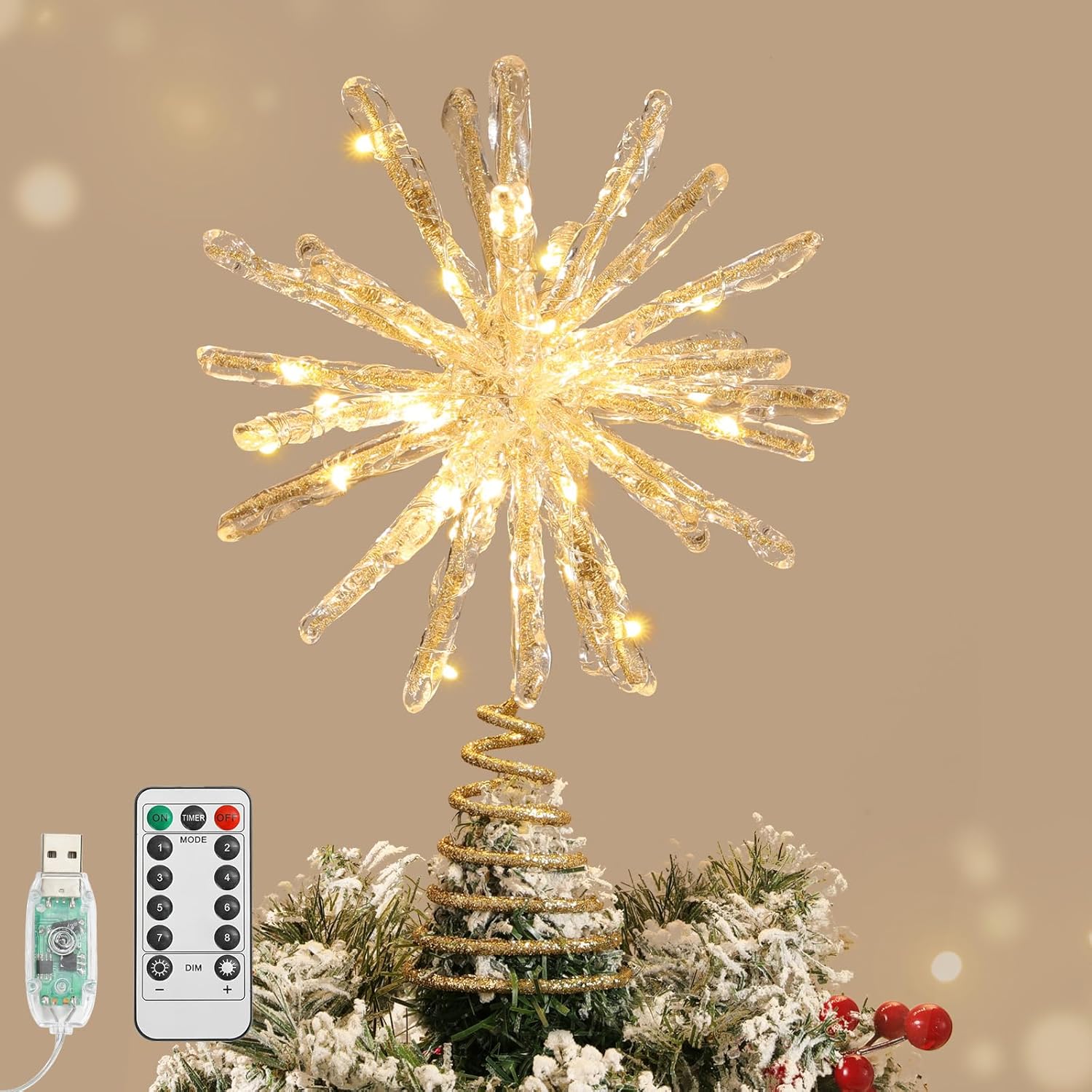 Lewondr Christmas Tree Topper, 10.63'' Glittered Epoxy Sea Urchin Xmas Tree Topper with 30 LED Bulbs, 6 Hrs Timer and 8 Modes USB Remote Control, Christmas Treetop for Home Holiday Decor, Gold