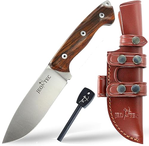 JEO-TEC N31 Bushcraft Survival Hunting Camping Field Cuchillo de hoja fija, hoja de 4.5 pulgadas MOVA-58, funda multiposición de cuero genuino +
