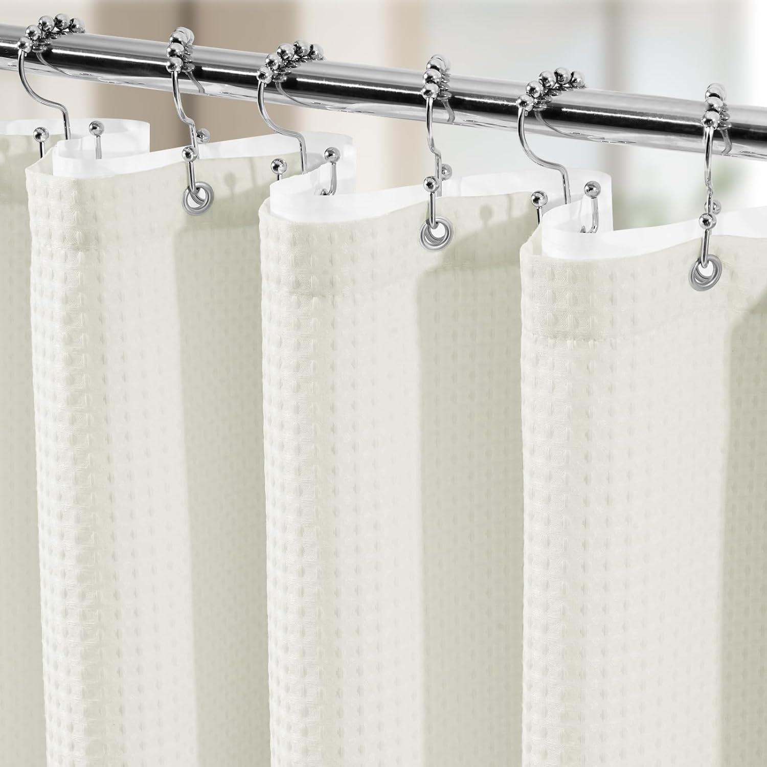 3 in 1 Shower Curtain Set, Waffle Shower Curtain and Liner Set with 12 Double Sided Shower Curtain Hooks, 258GSM Luxury Weighted Cloth Shower Curtains for Bathroom, 72 W x 72 H, Cream
