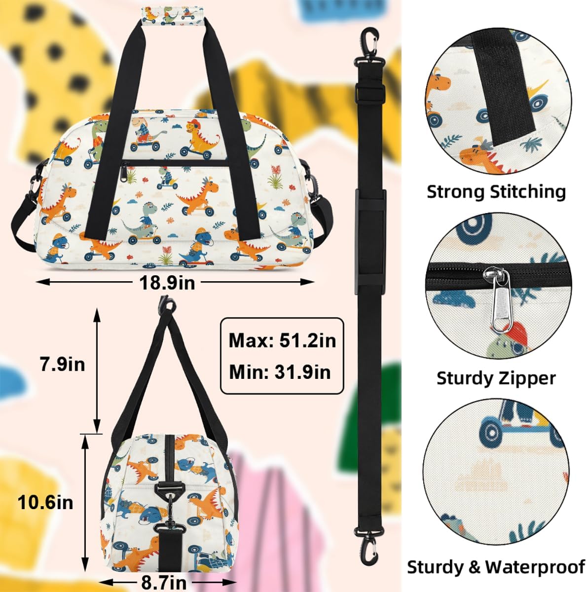 Kids Duffle Bag for Boys Funny Cartoon Dinosaurs Sport Gym Bag Small Travel Bag Foldable Lightweight Carry on Weekender Overnight Bags with Shoulder Strap