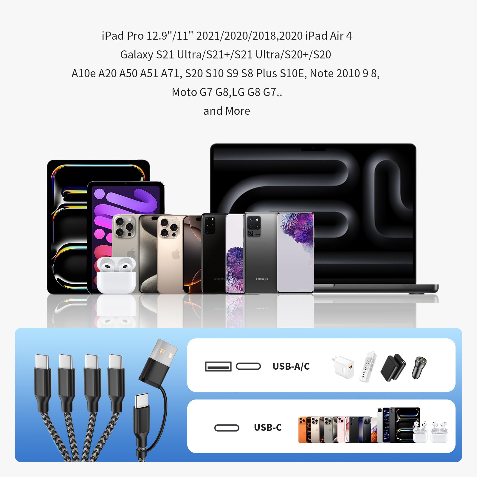 Cavo di ricarica multi splitter USB C, 1 confezione, cavo di ricarica USB A/C a USB C, cavo di ricarica doppio tipo C, cavo di ricarica multi 4 in 2 con 4 connettori di tipo C compatibile con iPhone