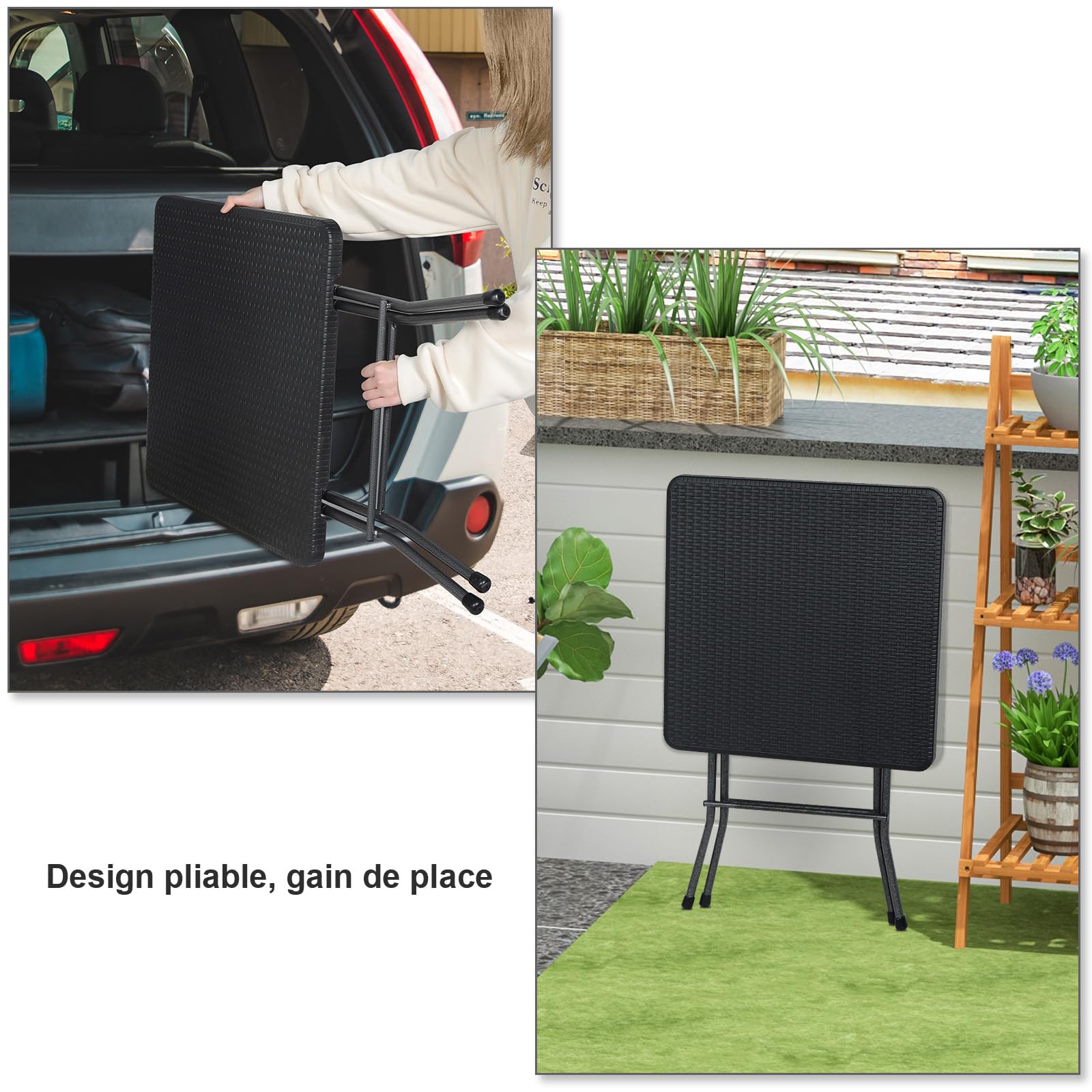 eSituro Table de Jardin Pliante, Aspect en Rotin, Noir