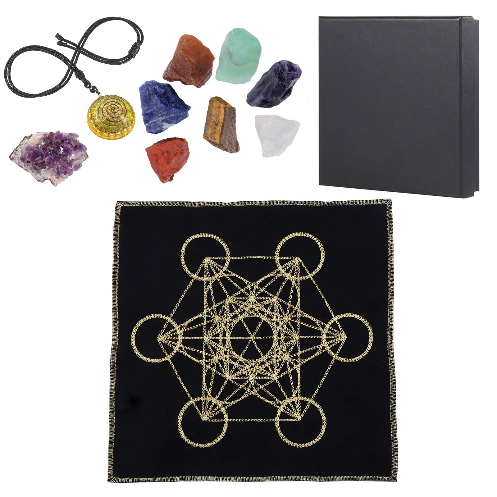 Amogeeli Set di 7 pietre chakra e cubo di Metatron, geometria sacra e griglia di cristallo, per principianti, divinazione, meditazione, altare, pietra curativa, decorazione per energia, chakra, Reiki