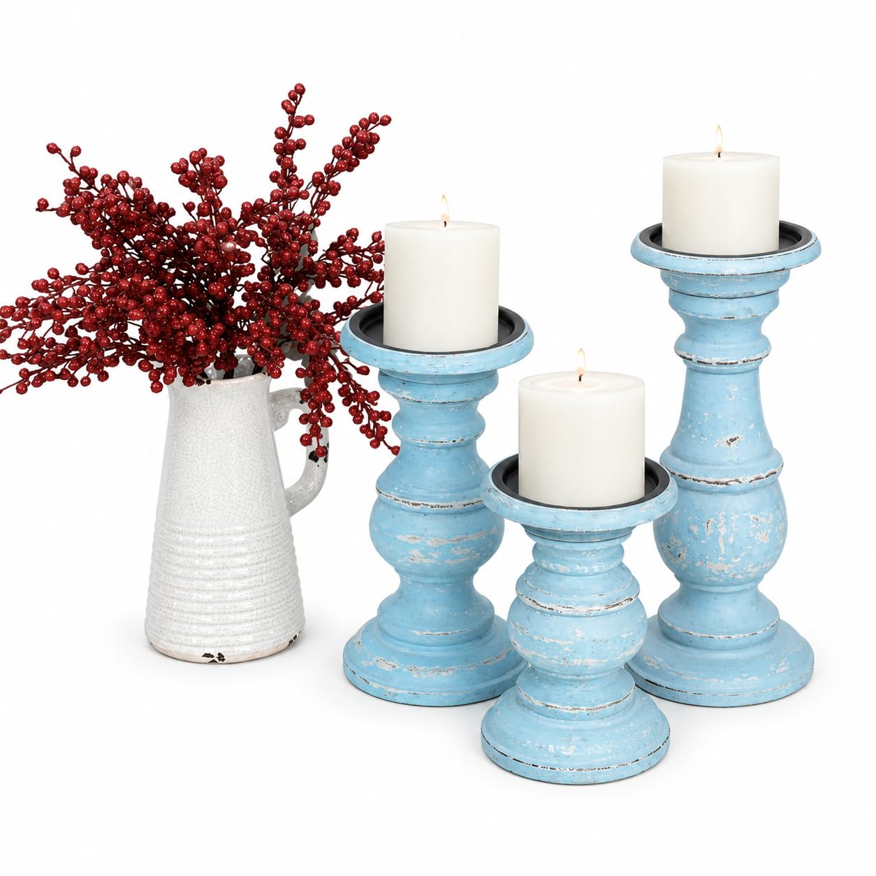 Portacandele decorativo in legno blu chiaro tornito stile pilastro con finitura invecchiata, set di 3 15,2 cm, 20,3 cm, 25,4 cm H, azzurro