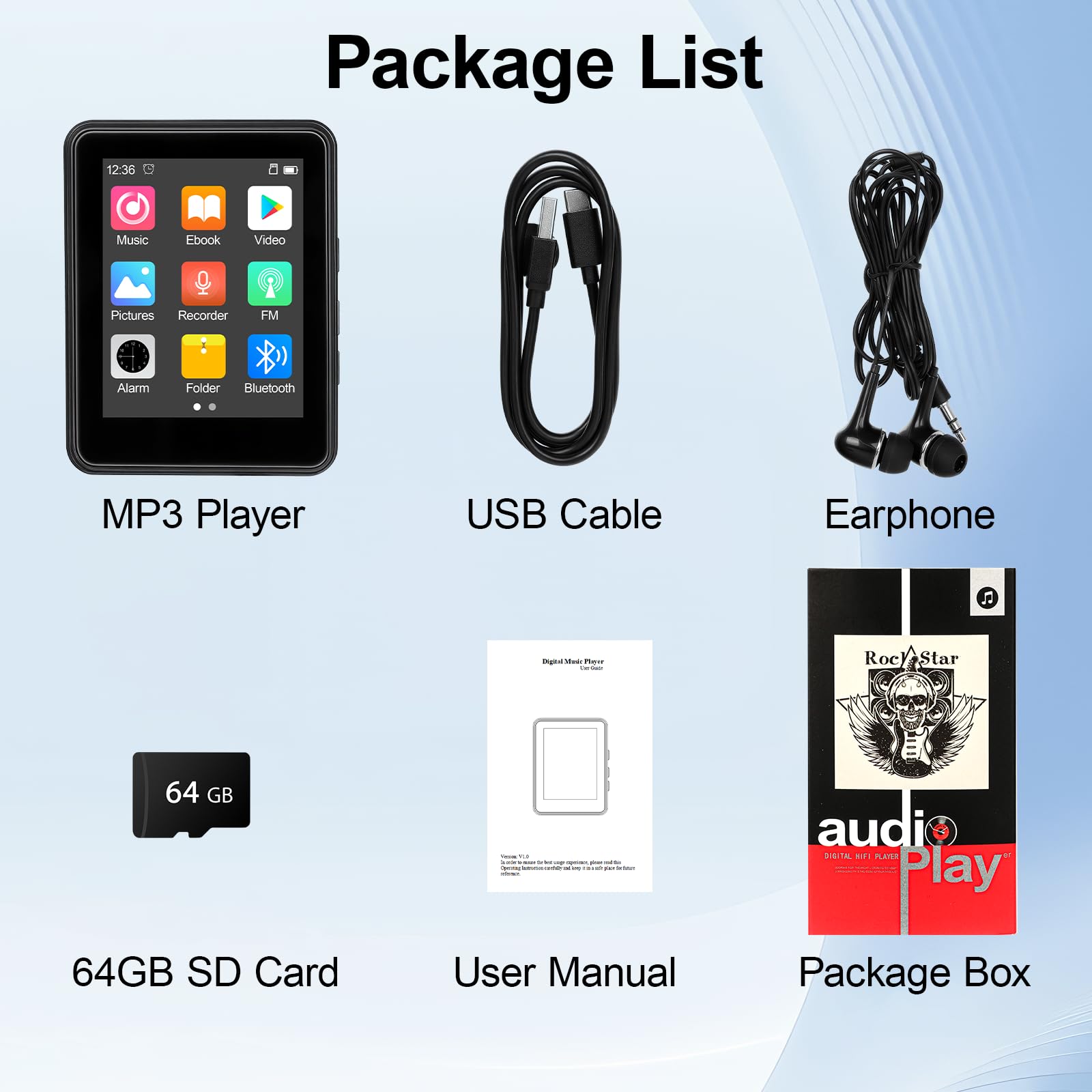 64GB MP3 Player Bluetooth 5.2 - MP3-Player 2.4" Full Touchscreen Tragbarer MP3 Player mit Lautsprecher HiFi-Klang eingebauter Aufnahme FM-Radio, Kann auf 128 GB erweitert Werden kindergerecht