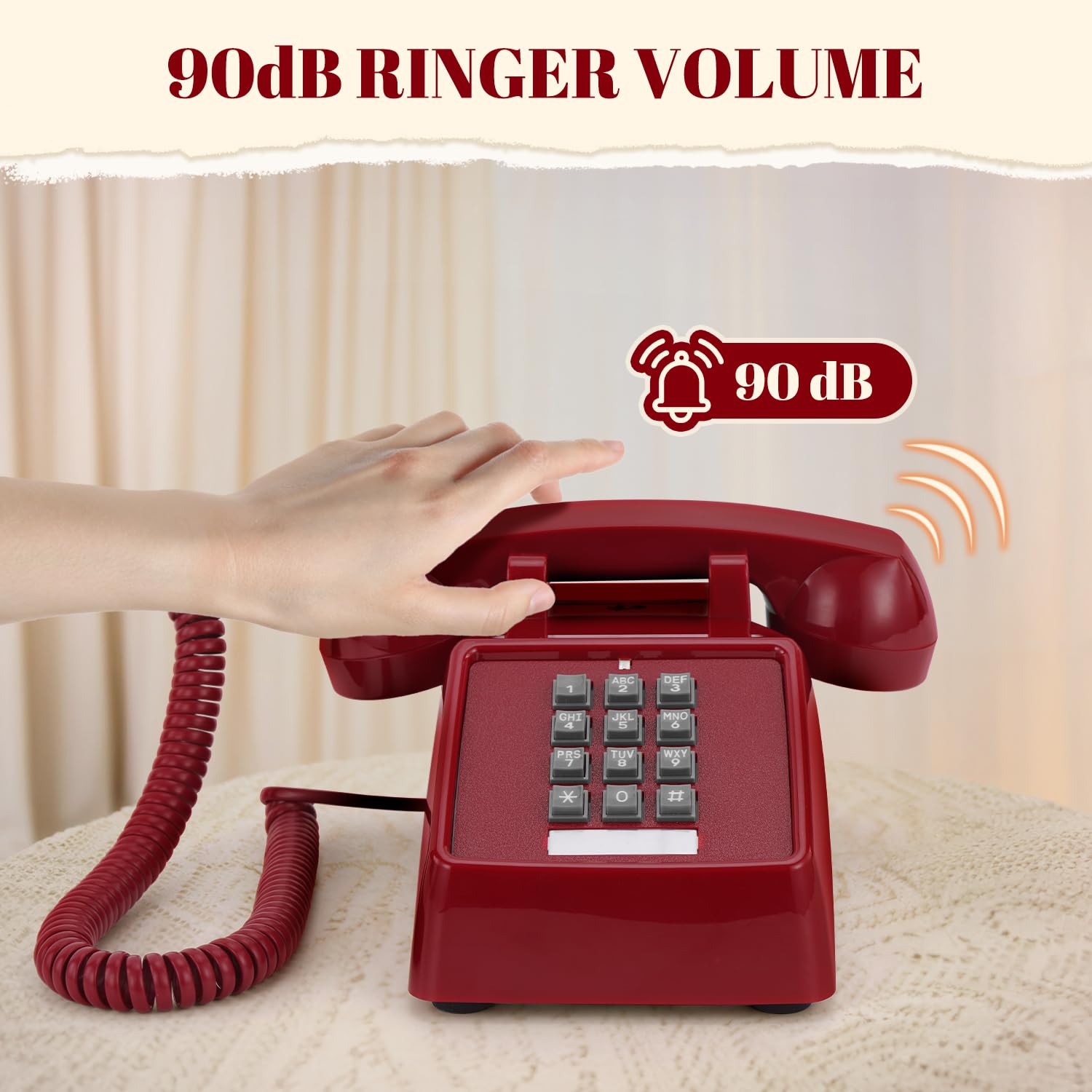 Uvital Retro Red Landline Phone, Vintage Corded Phone for Landline, Old House Phone, Traditional Classic Desk Telephone with Adjustable Handset and Ringer Volume for Home, School, Office, Hotel, Salon