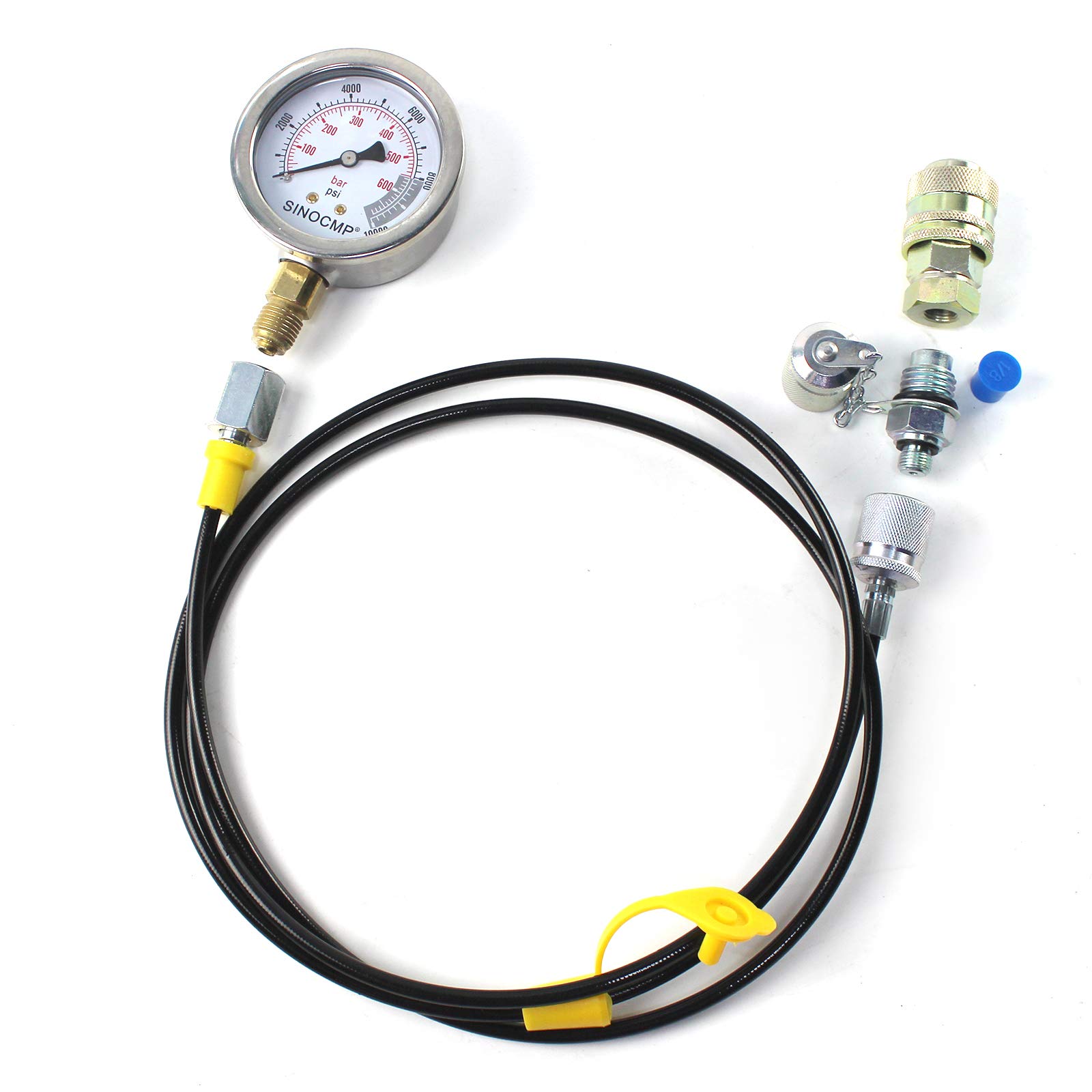 SINOCMP 60MPA/10000PSI Hydraulic Pressure Test Coupling Kit with 1 Gauge 1 Test Hose 2 Couplings for Excavator Construction Machinery